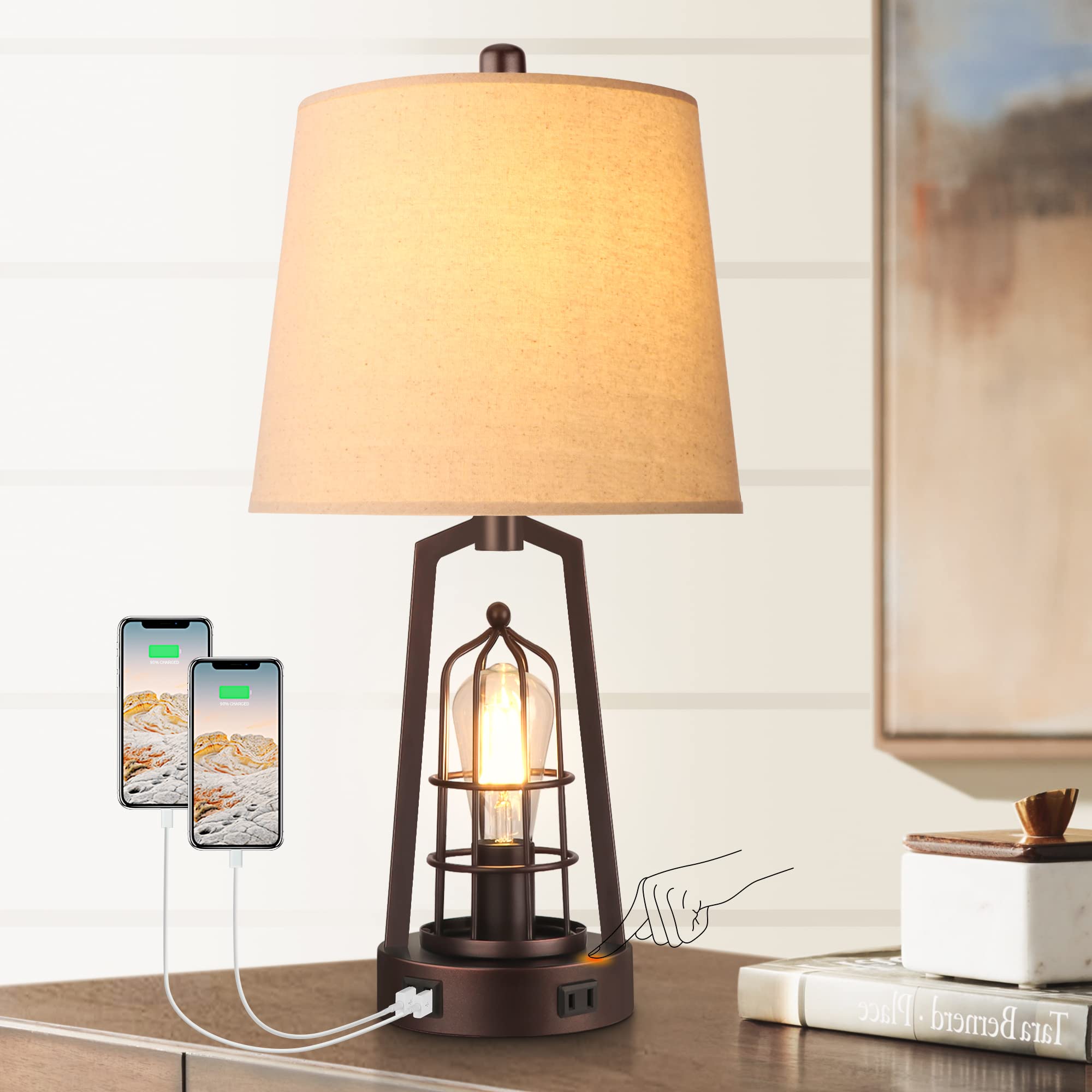 Farmhouse Bedside Lamp Touch Control, Dimmable Industrial Table Lamps for Bedrooms, Desk Lamp with USB Charging Port and Outlet,