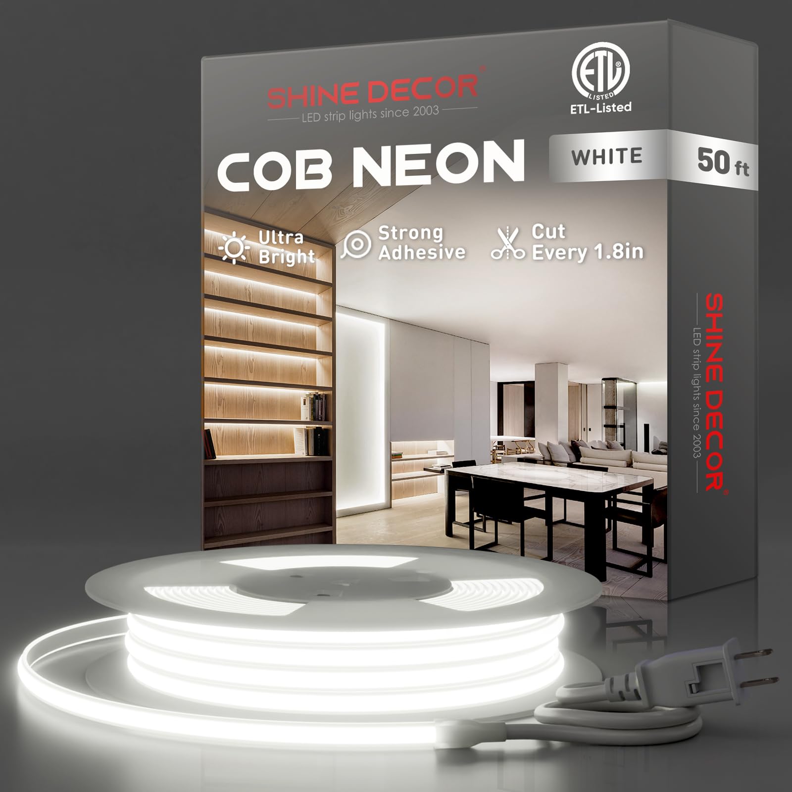 Shine Decor Cob Led Rope Light Ac 120V  800Lm Ultra Bright  Ip65 Waterproof Cold-Resistant Etl Neon Strip  No Driver Tape Lighting For Home Commercial 10X4.5Mm  6000K Cool White  50Ft