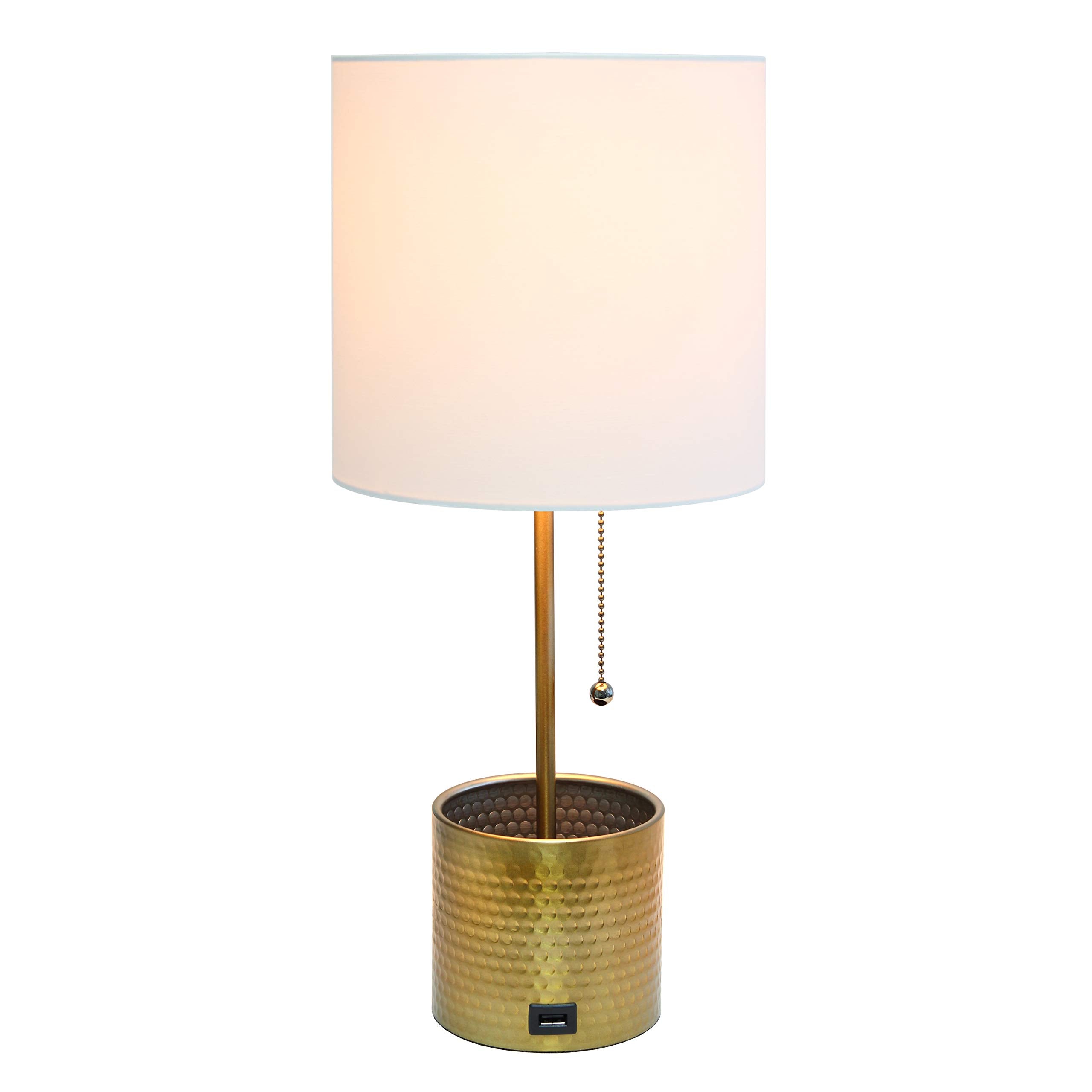 Simple Designs Lt1085-Gld Hammered Metal Organizer Table Lamp With Usb Charging Port And Fabric Shade, Gold
