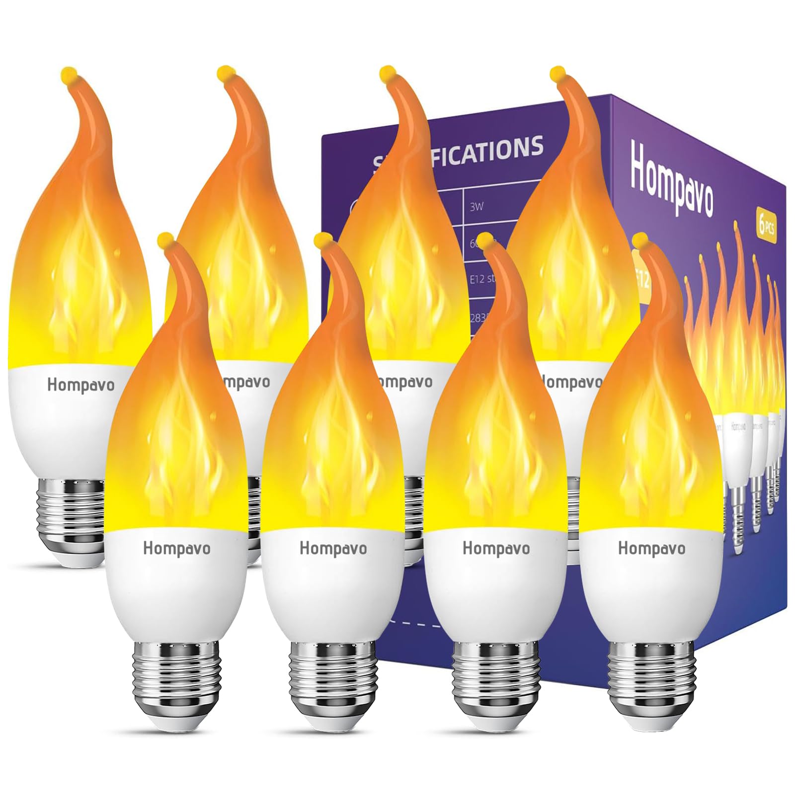 Hompavo Upgraded Led Flame Light Bulbs, 3 Modes Flickering Light Bulbs, E26 Chandelier Base Candle Fire Light Bulb For Halloween