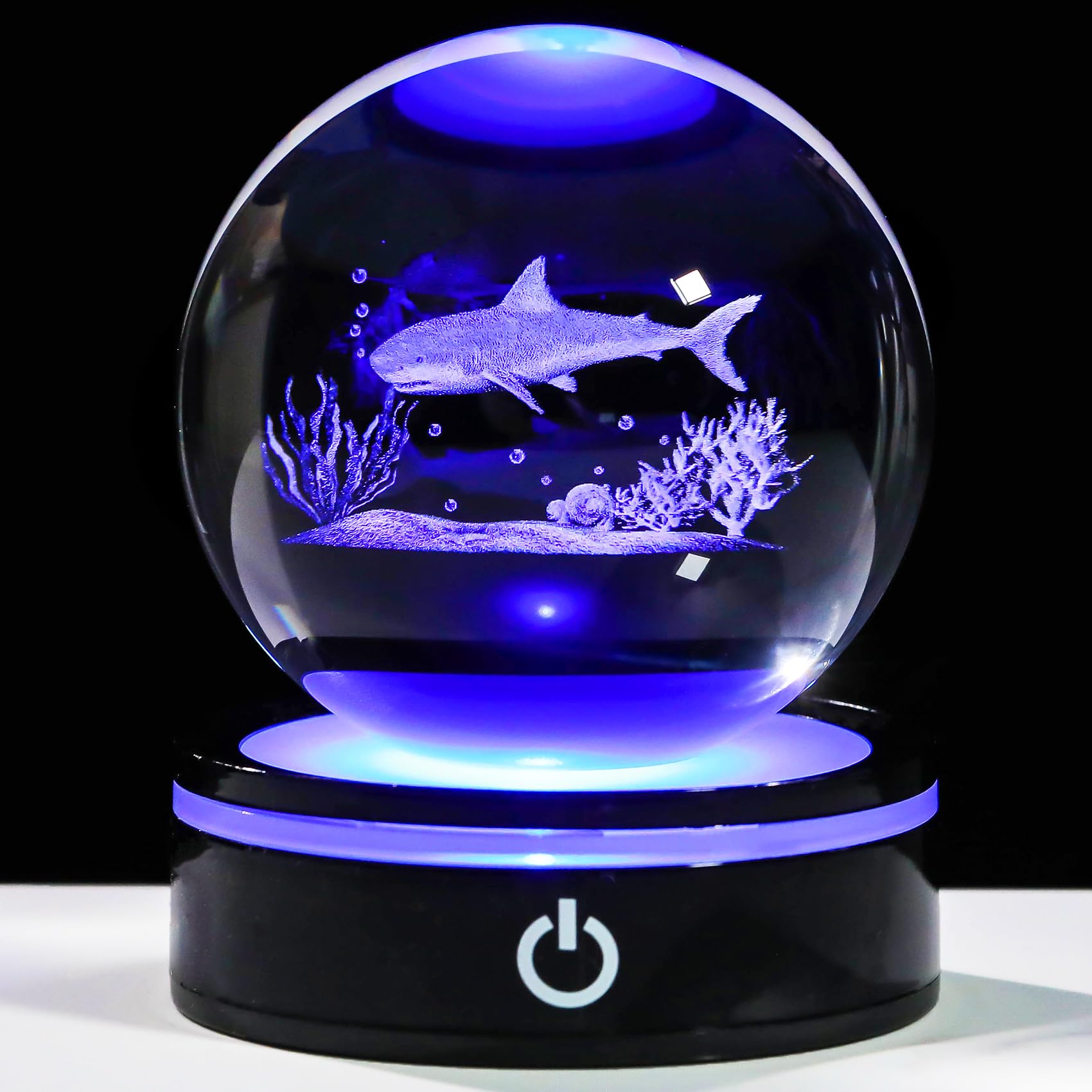 YWHL 3D Shark Figurine Crystal Ball with Colorful Light Base  Shark Gifts for Women Men Shark Lovers on Christmas Birthday  3D Laser Engraved Shark Sphere Glass Ball for Home Office Decoration (80mm)