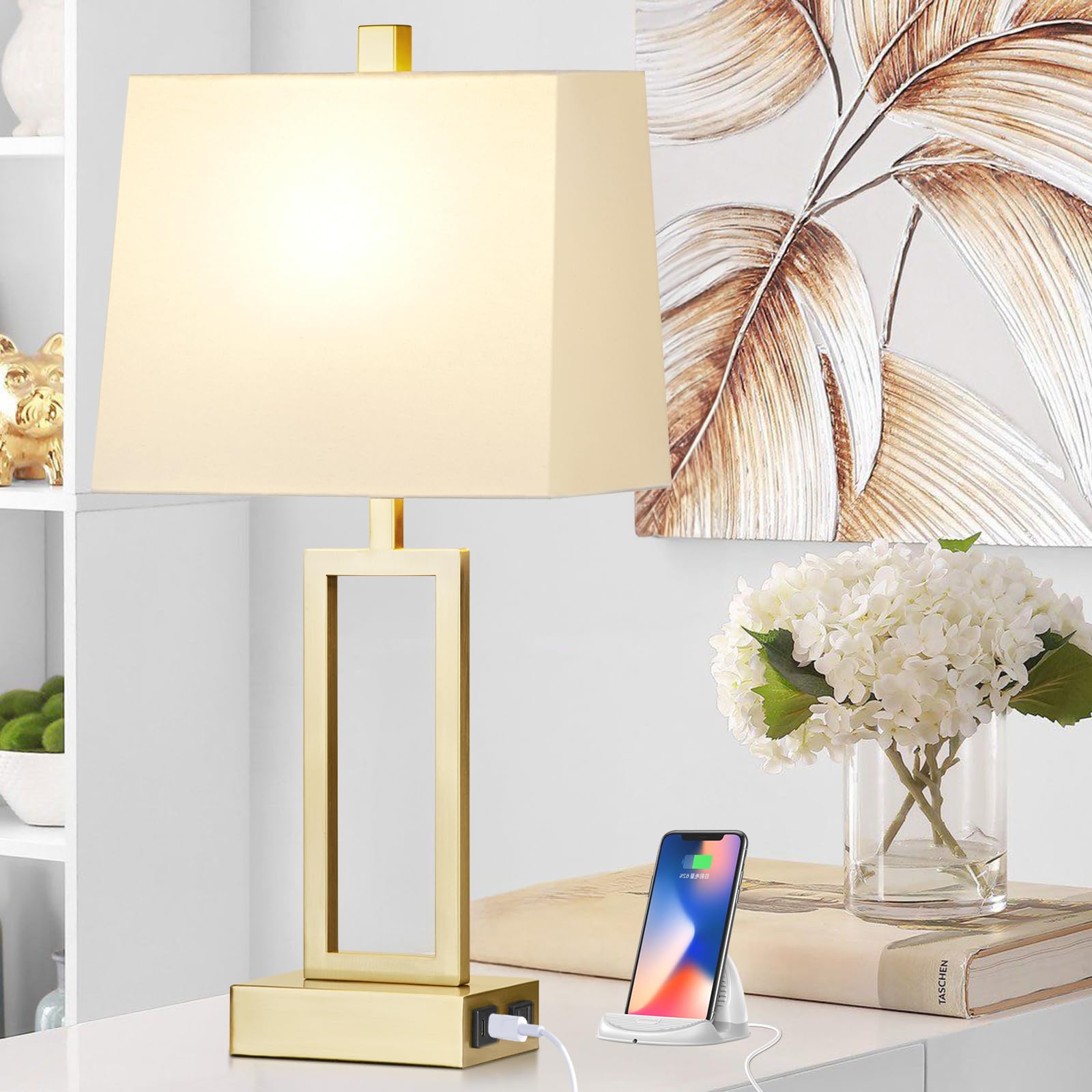 Rinweey Touch Control Table Lamps Set of 2, Modern Gold Metal Nightstand Lamps with USB Ports, 3-Way Dimmable, Large