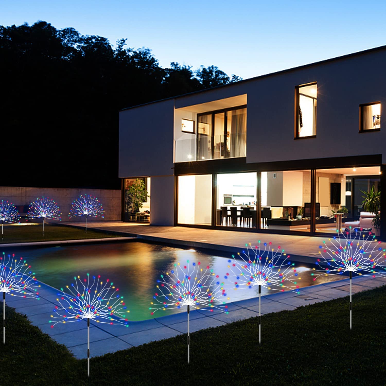 QOCNAM Outdoor Solar Garden Lights 4 Pack, Waterproof Decorative Firework Lights, 120 LED, Multicolor, Plastic