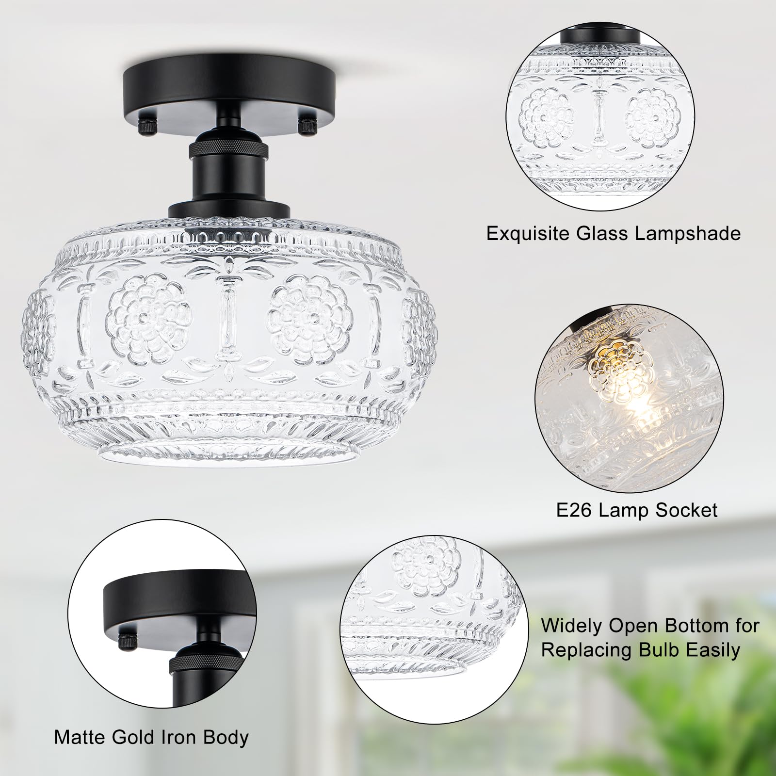 Tbaoinla Semi Flush Mount Ceiling Light Fixture - Black Metal Base & Floral Glass Shade  Modern Vintage Lighting For Entryway  Bathroom  Kitchen  Bedroom (Bulb Not Included)