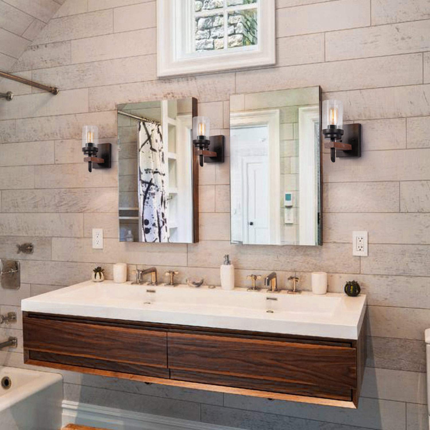 Eumyviv Rustic Wall Light Sconce With Seeded Glass Shade, Vintage Edison Metal Wood Wall Lamp Fixture For Entryway Bedroom Bathr