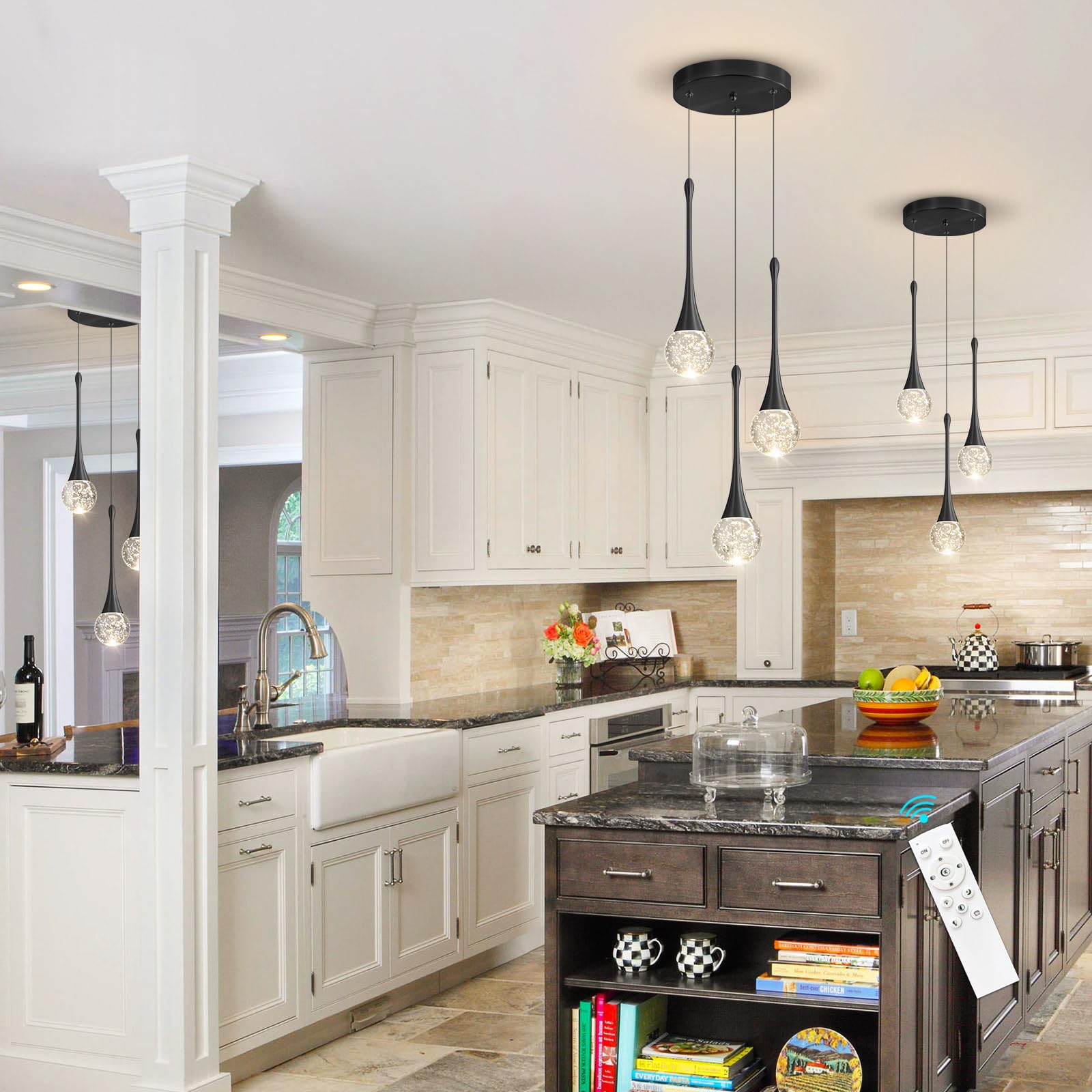Cenozo 3-Lights Pendant Light - Dimmable Crystal Chandelier for Kitchen Island, Black, Model RS2037-3H