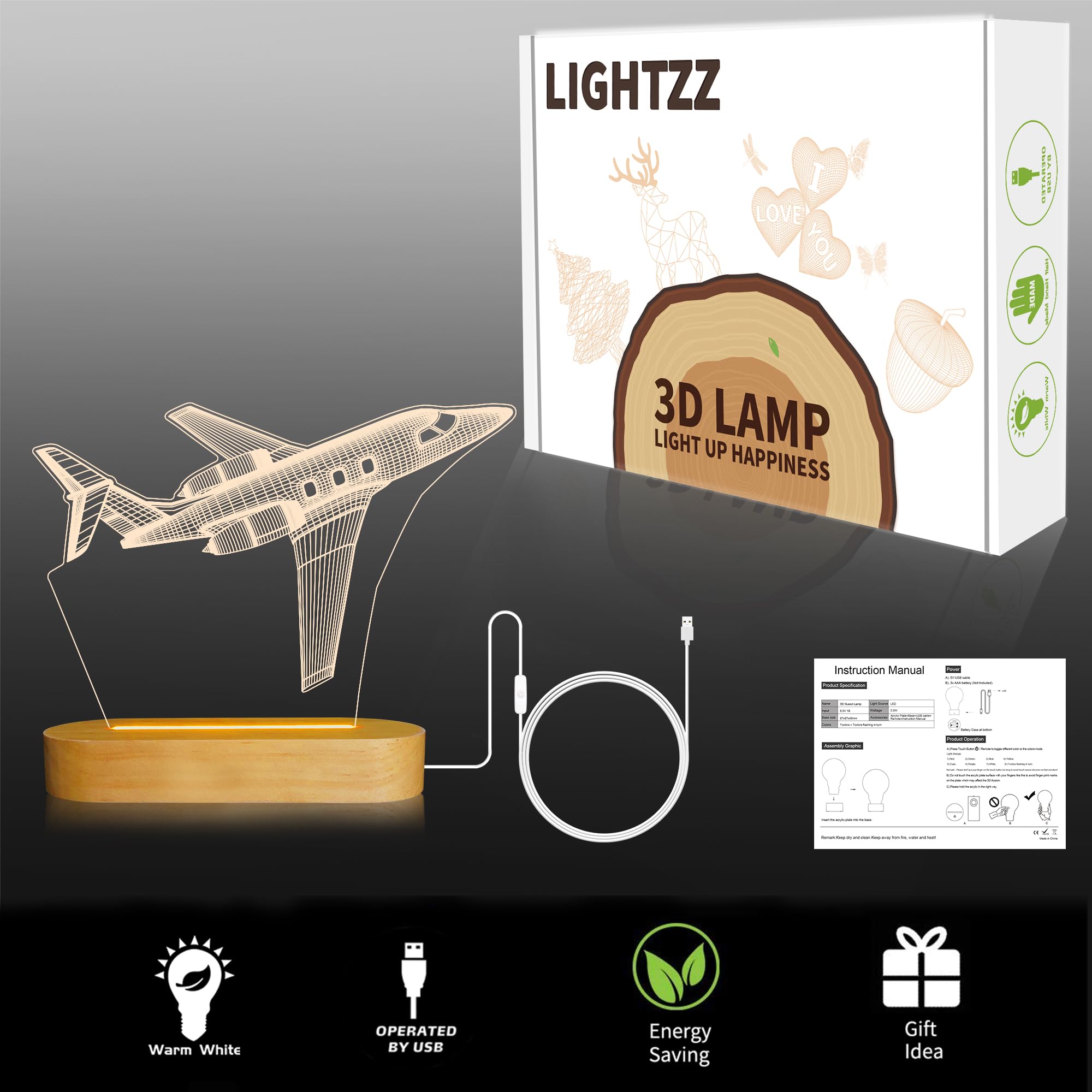 Lightzz Air  Night Light 3D Illusion Lamp, Yellow Wood Table Lamp For Boys, Usb Powered, Model Fs-Xmx001-9999