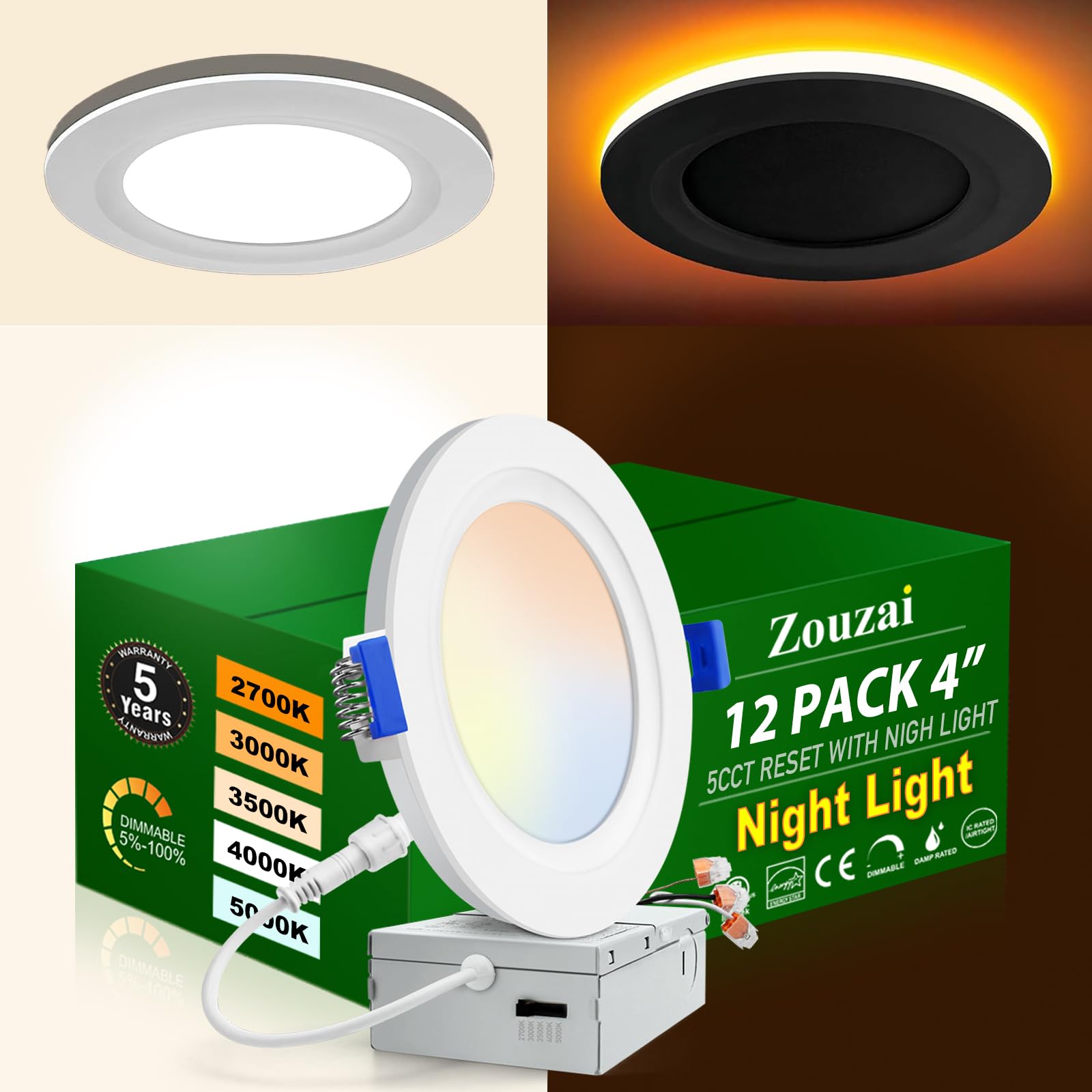 zouzai 12 Pack 4 Inch 5CCT LED Recessed Ceiling Light with Night Light, 2700K/3000K/3500K/4000K/5000K Selectable Ultra-Thin Ligh