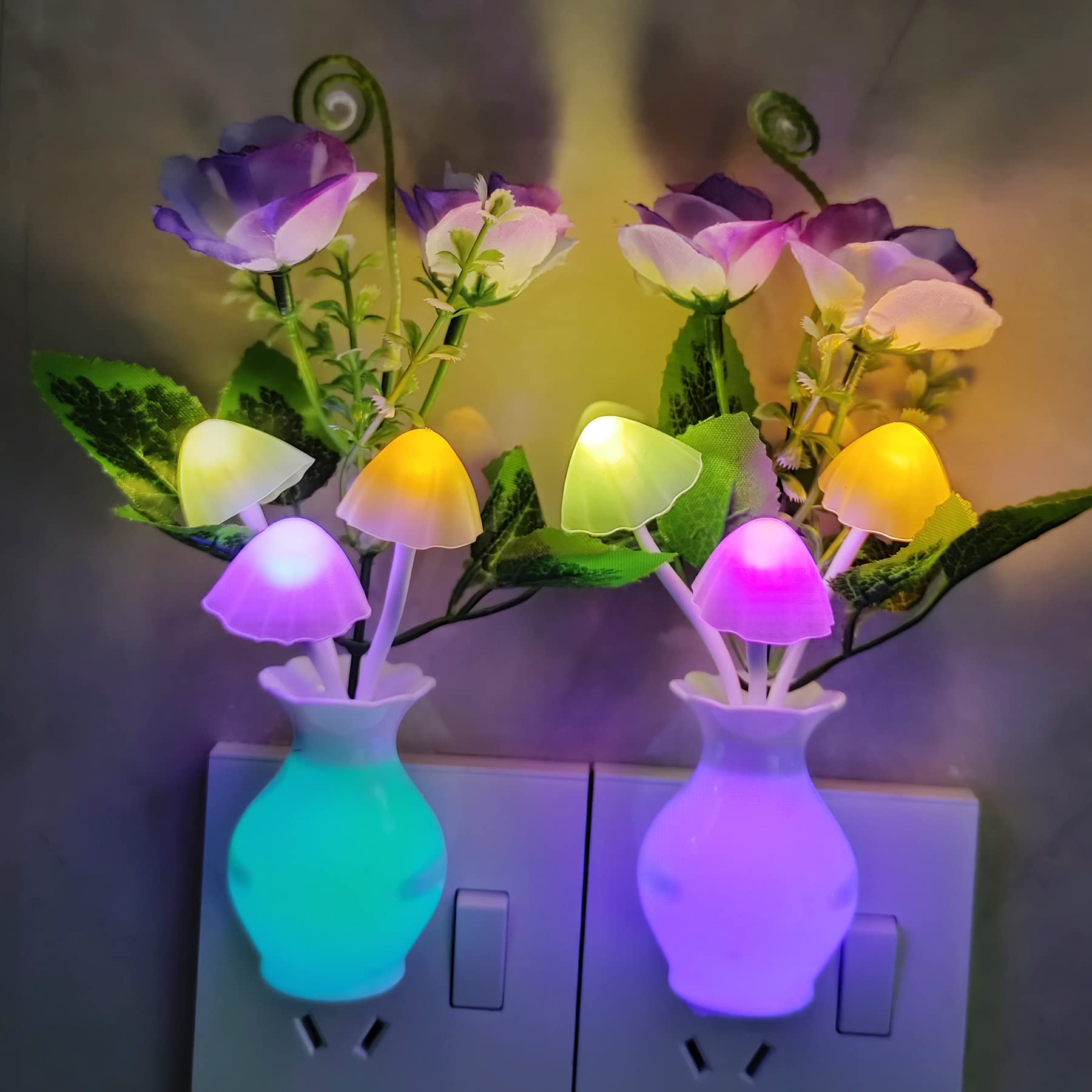 Ausaye Color-Changing Led Night Light, 1Pack Plug In Dusk-To-Dawn,Home D  Cor Lamp Dream Nightlight Purple Rose Flower Mushroom
