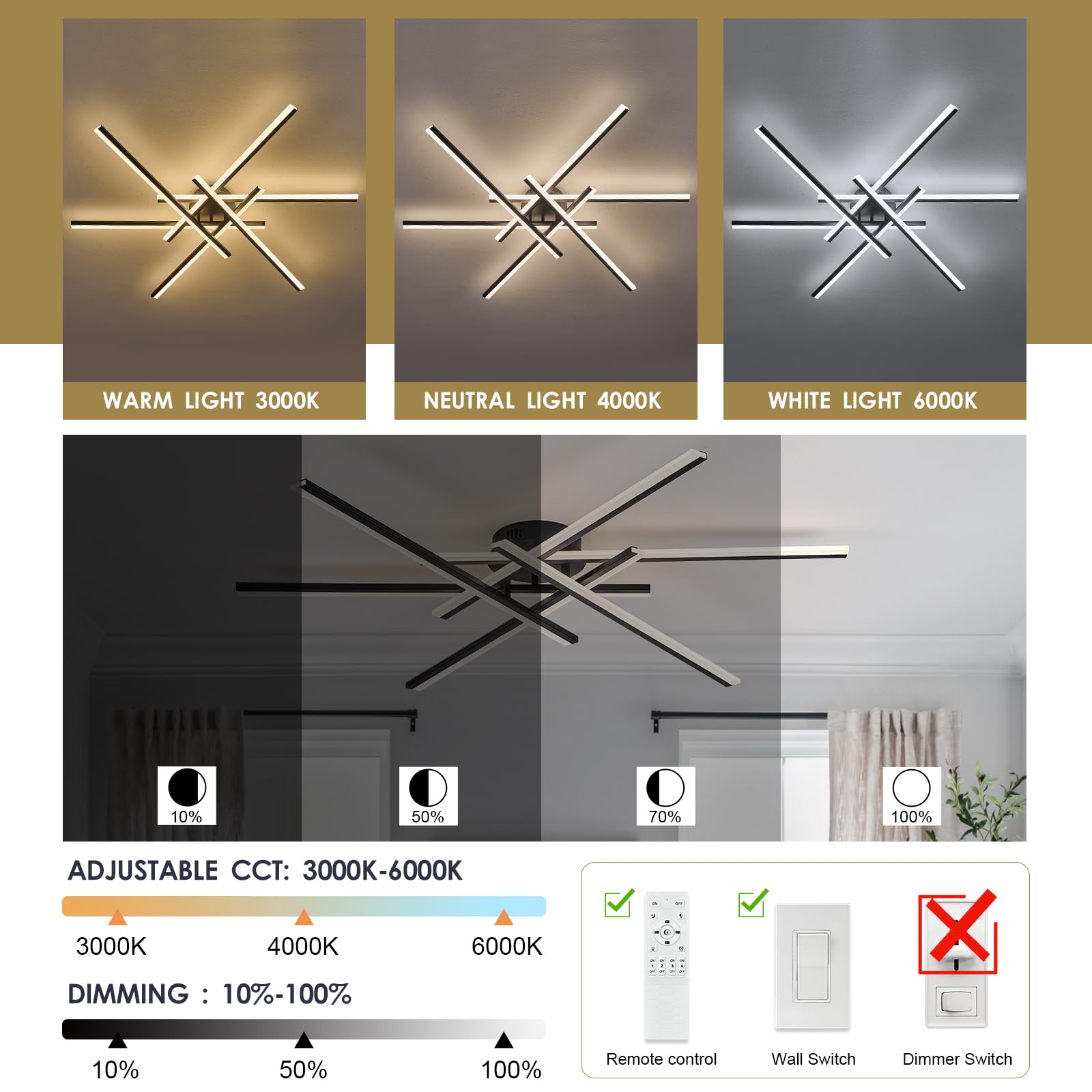 Airyphant Modern Led Chandelier With Remote Control  6-Lights Black Semi-Flush Mount Ceiling Lighting Fixture For Living Room  Bedroom  Dining Room 60W