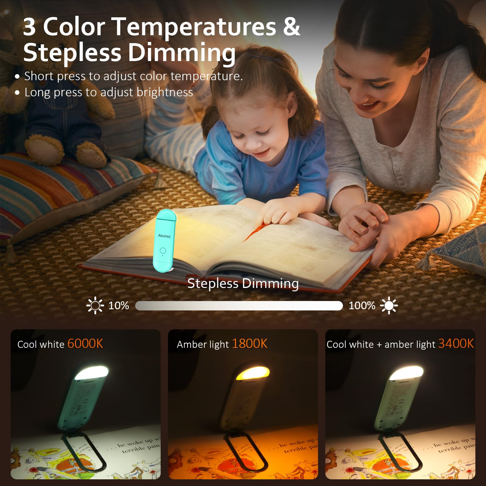 Akomid Usb Rechargeable Amber Book Light - Reading Light Clip On, 8 Leds, Stepless Dimming, Lake Blue