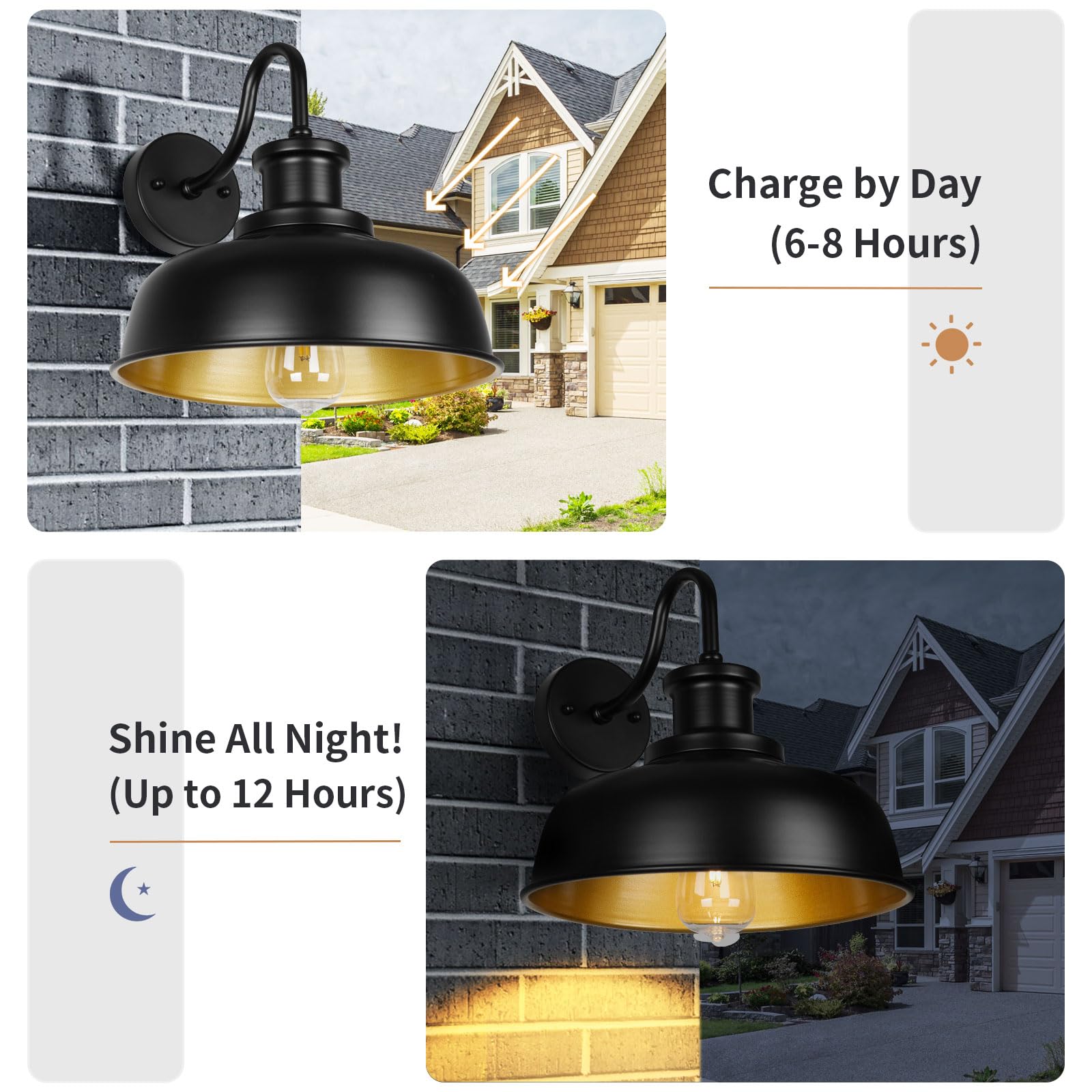 Diyel Solar Barn Light - Gooseneck Outdoor Wall Sconce, Black+Gold, Metal, 1 Pack, Model RZSR007 BK