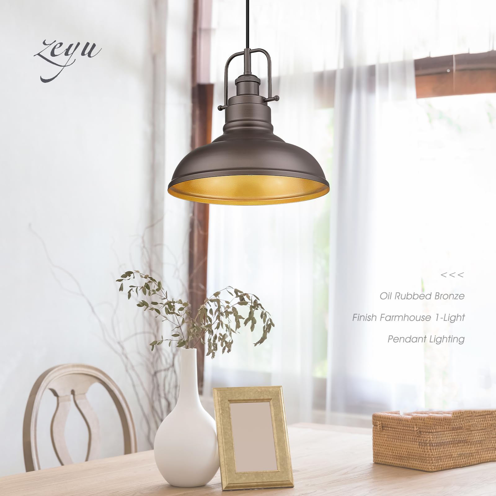 zeyu 2 Pack Farmhouse Pendant Light Fixtures, 11-inch Ceiling Hanging Light Fixtures for Kitchen Dining Room, Oil Rubbed Bronze