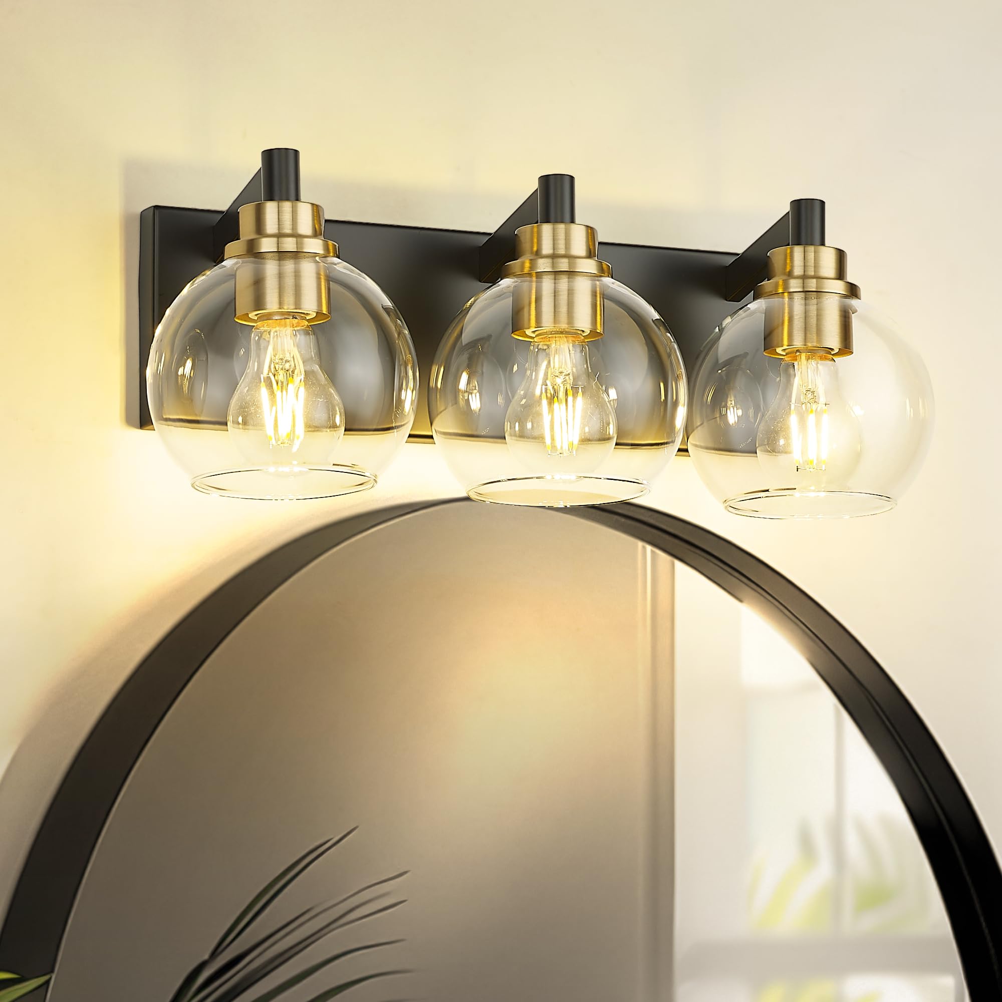 Metwet Bathroom Light Fixtures, 3-Light Black And Gold Bathroom Vanity Light, Modern Wall Sconces With Globe Clear Glass Shade,