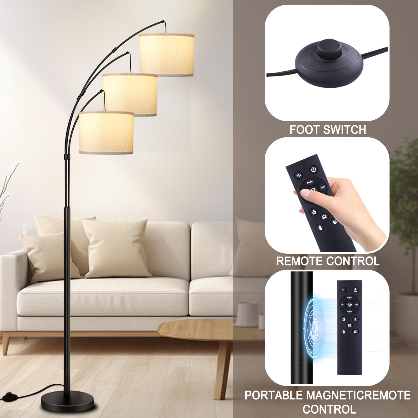 Arc Floor Lamp For Living Room With Remote Control, Dimmable Modern Mid Century 3 Lights Arched Tall Floor Lamp, Adjustable Stan
