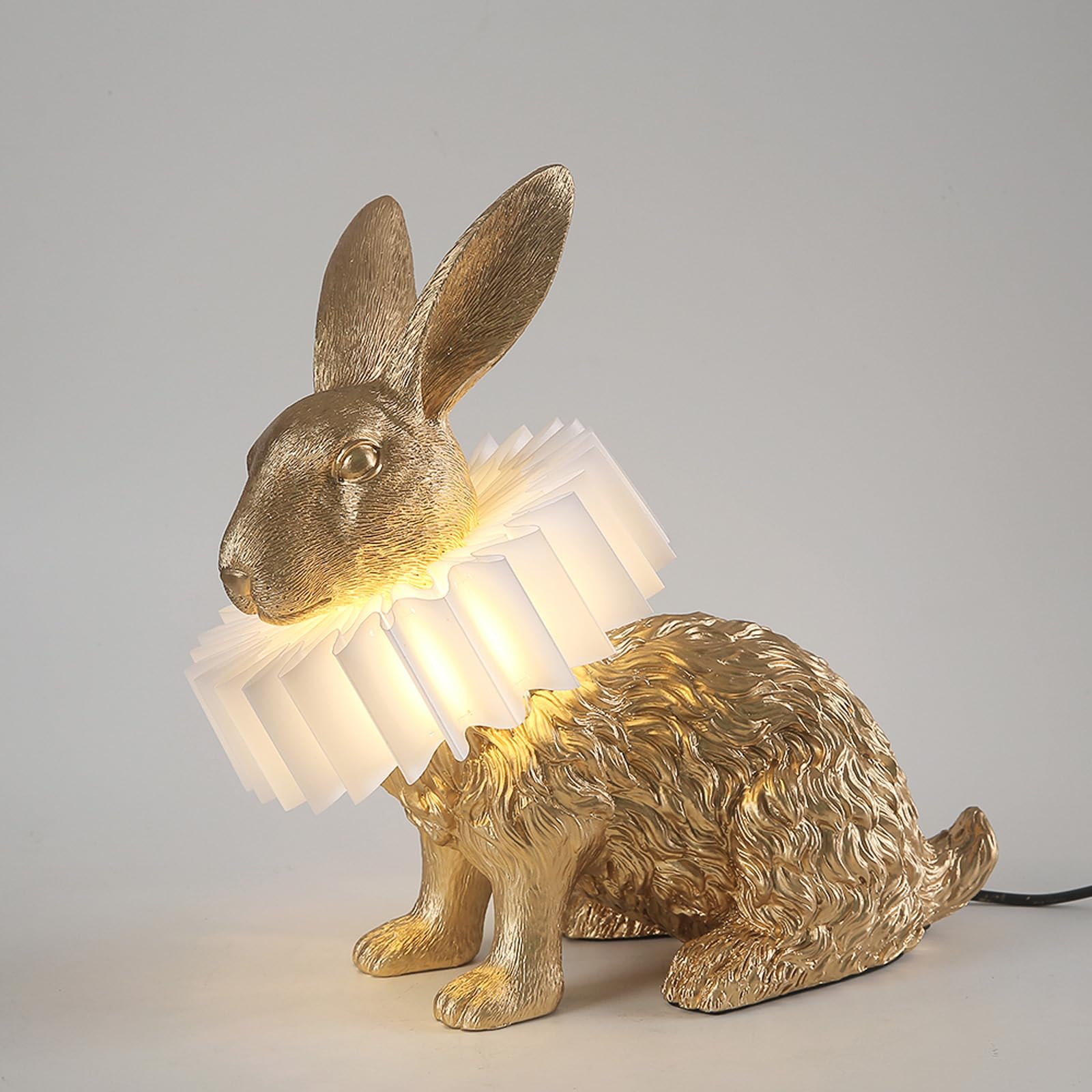 Lazhug Scarf Rabbit Table Lamp,Resin Crafted Gold Bunny Lamp Featuring White Pleated Pc Lampshade,Usb Plug,Energy-Efficient Nigh