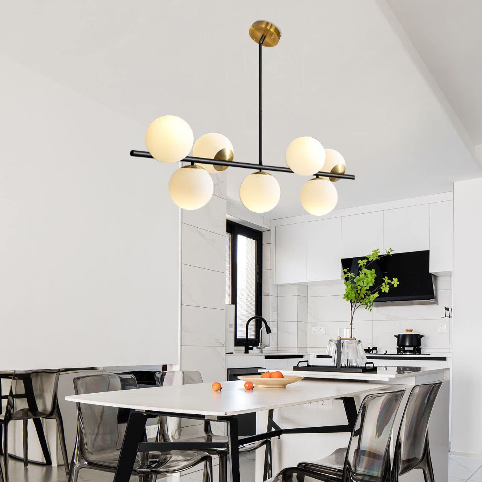 KCO Lighting Black & Brass 7-Light Sputnik Chandelier - Mid Century Modern Milk Glass Globe Pendant for Dining Room, Kitchen, Bedroom