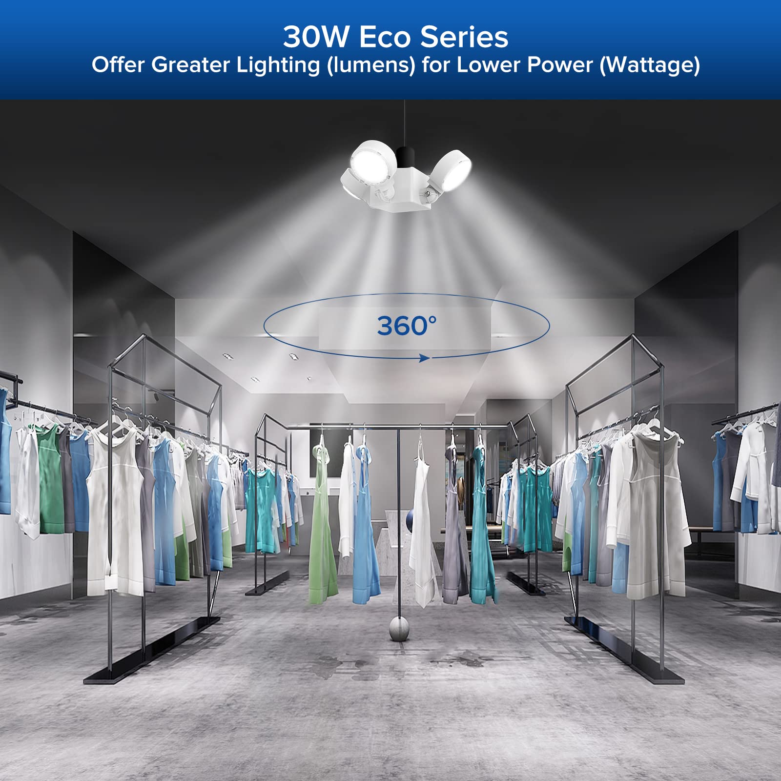 SANSI LED Garage Light, 30W (240W Equivalent) Shop Light 3000lm, 5000K Daylight E26 Deformable Ceiling Light with 4 Adjustable P