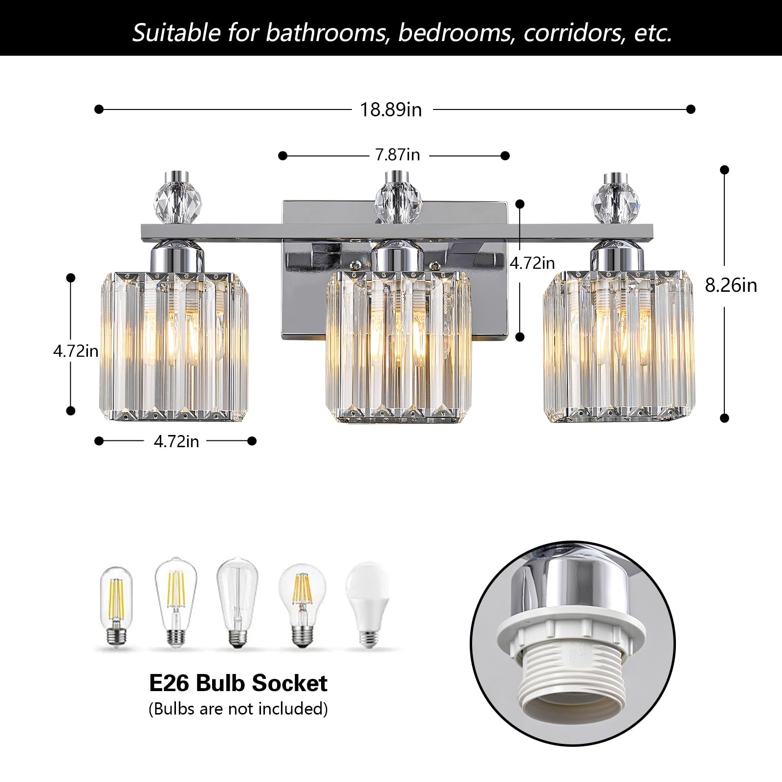 FDPBY Bathroom Vanity Lights 3-Light Chrome Crystal Fixtures Model 290