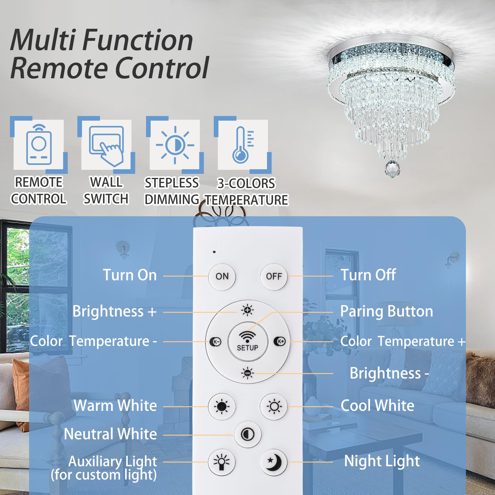 Hongnuofc 16'' Crystal Flush Mount Ceiling Light Fixtures With Remote Control - Round Modern Led Chandelier For Bedroom, Living