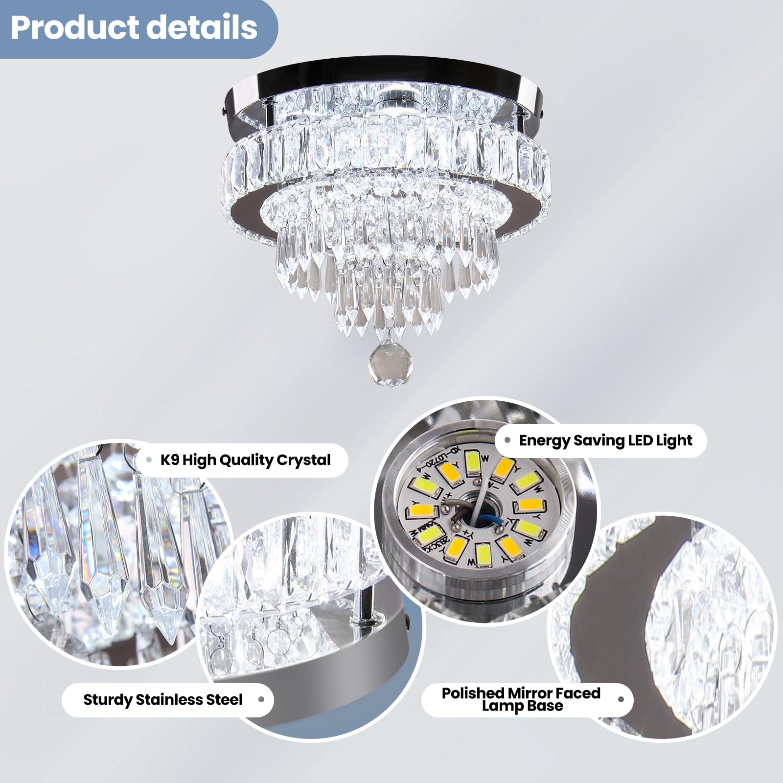 Modern Crystal Ceiling Chandeliers Dimmable Led Crystal Ceiling Light Fixtures 9.8 Inch Stainless Steel Flush Mount Ceiling Lamp
