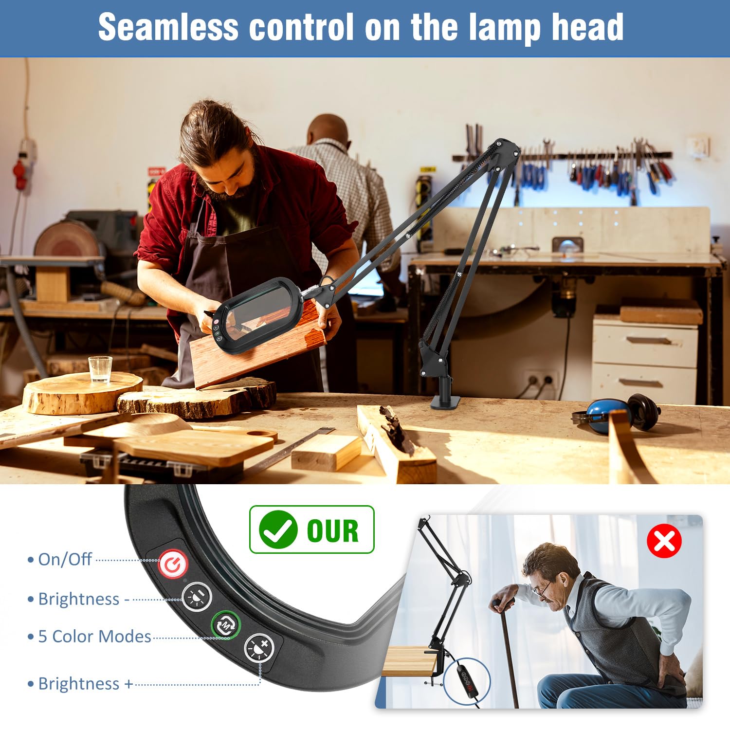 10X Rectangle Magnifying Glass With Light And Clamp, 2*16 Inch Large Swivel Arm Led Desk Lamp, 5 Color Modes Brightness Steeples