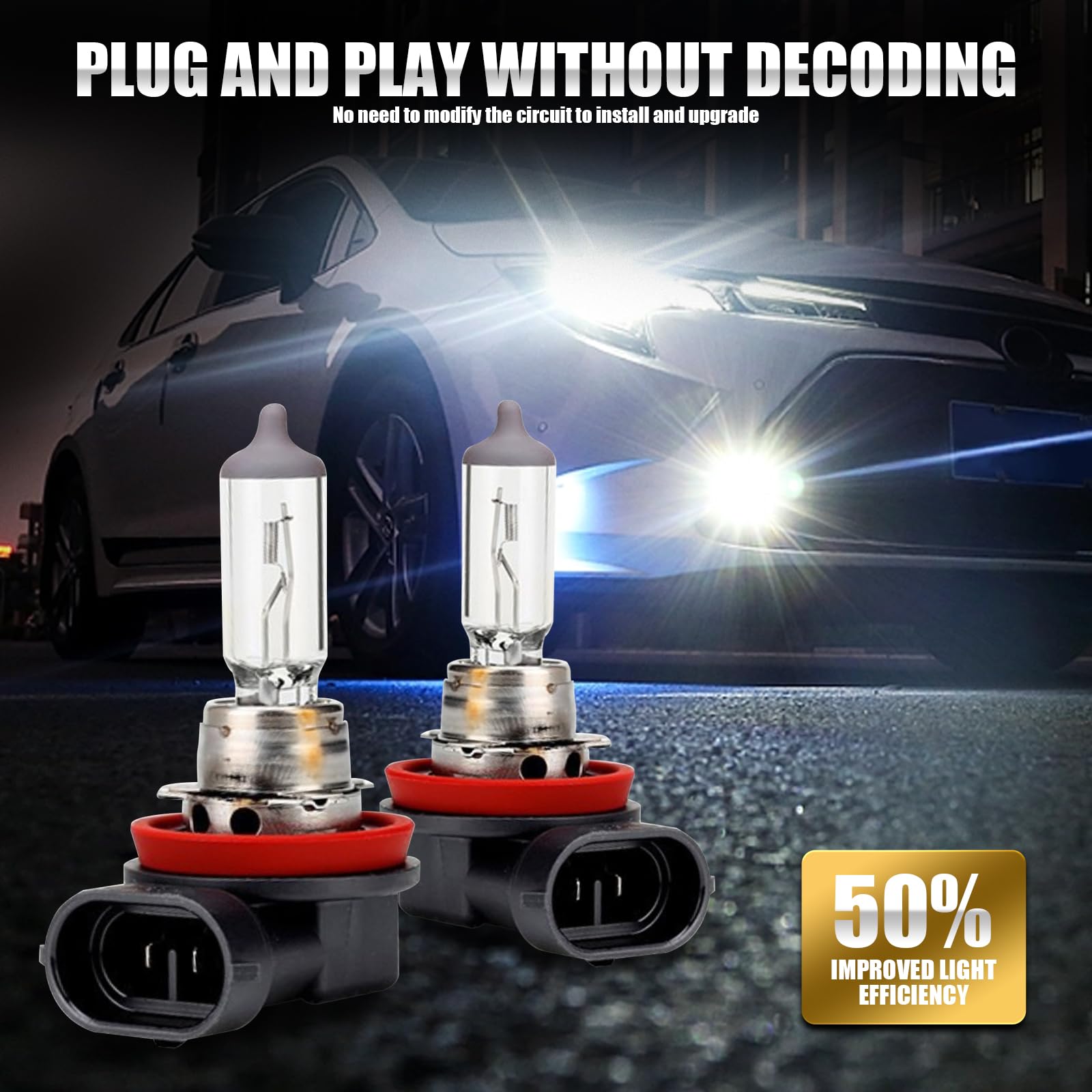 gunhunt H11 Halogen Bulb 12V Quartz Lamp Ultra-bright Beam 2 PCS White GURSD1701WH-H11-2PCS