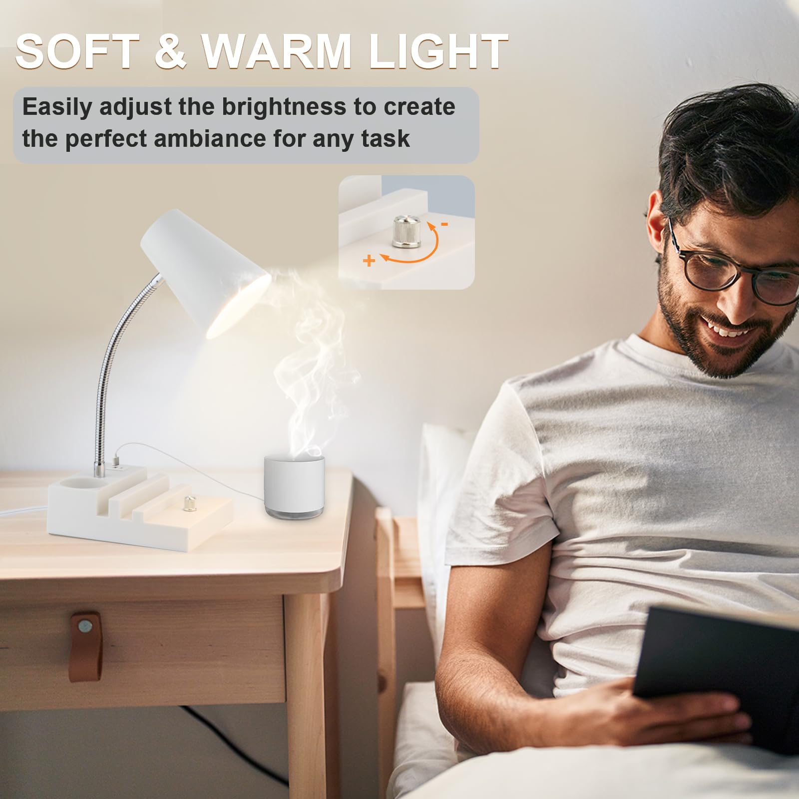 LALISU Study Desk Lamp with USB Charging, Gooseneck, LED, Stepless Dimming, Metal, White, Model LALISUSTU078