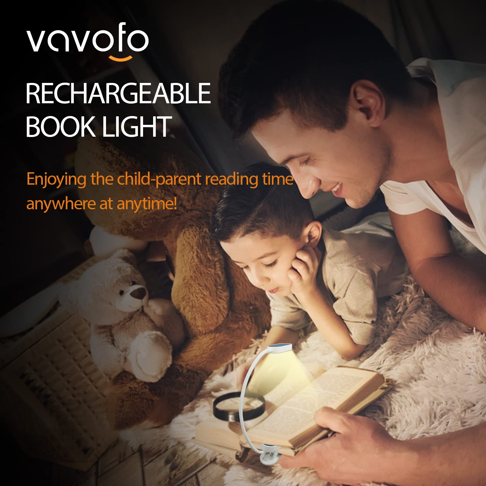 VAVOFO Rechargeable Book Light, 14 LEDs Amber Reading Light, 9 Colors & Brightness, Clip On, White-Blue, Model KM-6775