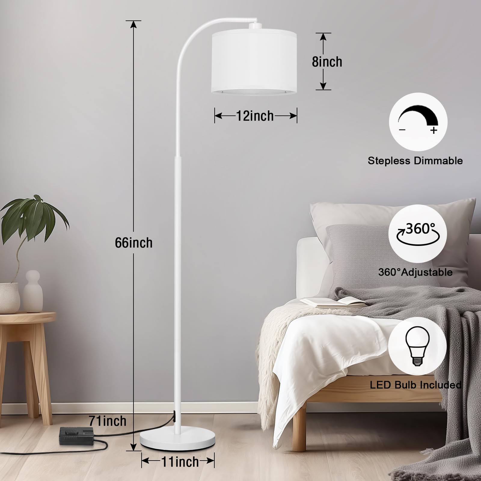 Floor Lamps For Living Room, White Arc Floor Lamp With Stepless Dimmer, Modern Standing Lamp With Adjustable Drum Shade, Tall Po