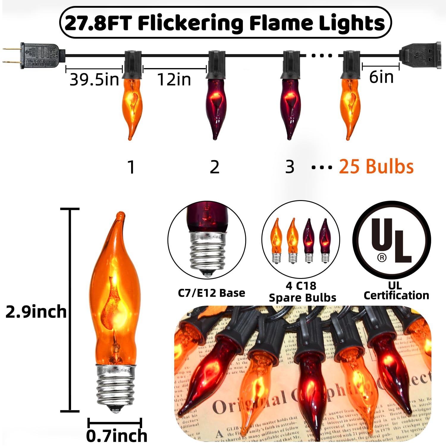 27.8Ft Orange And Purple Halloween Lights Flame String Lights, Spooky Flickering Halloween Decorative Lights With 25 +4 Orange And Purple Light Bulbs, For Halloween Home Party Indoor Outdoor Decor