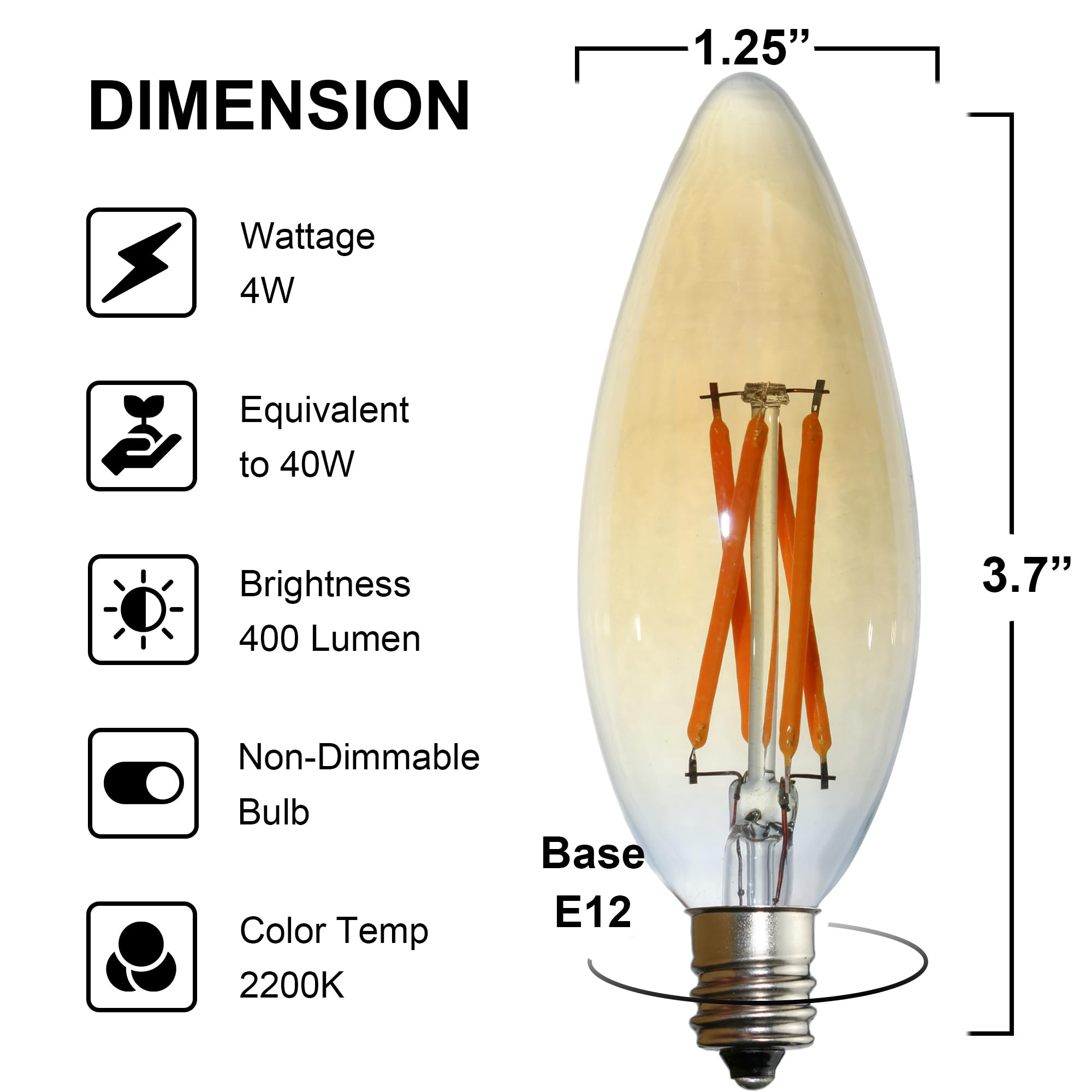 Fannis 6 Pack C32 Candle Shape Led Bulb, 4W Equals 40W, E12 Base Edison Bulb, Warm Light, Amber Glass Light Bulb For Pendant Cha