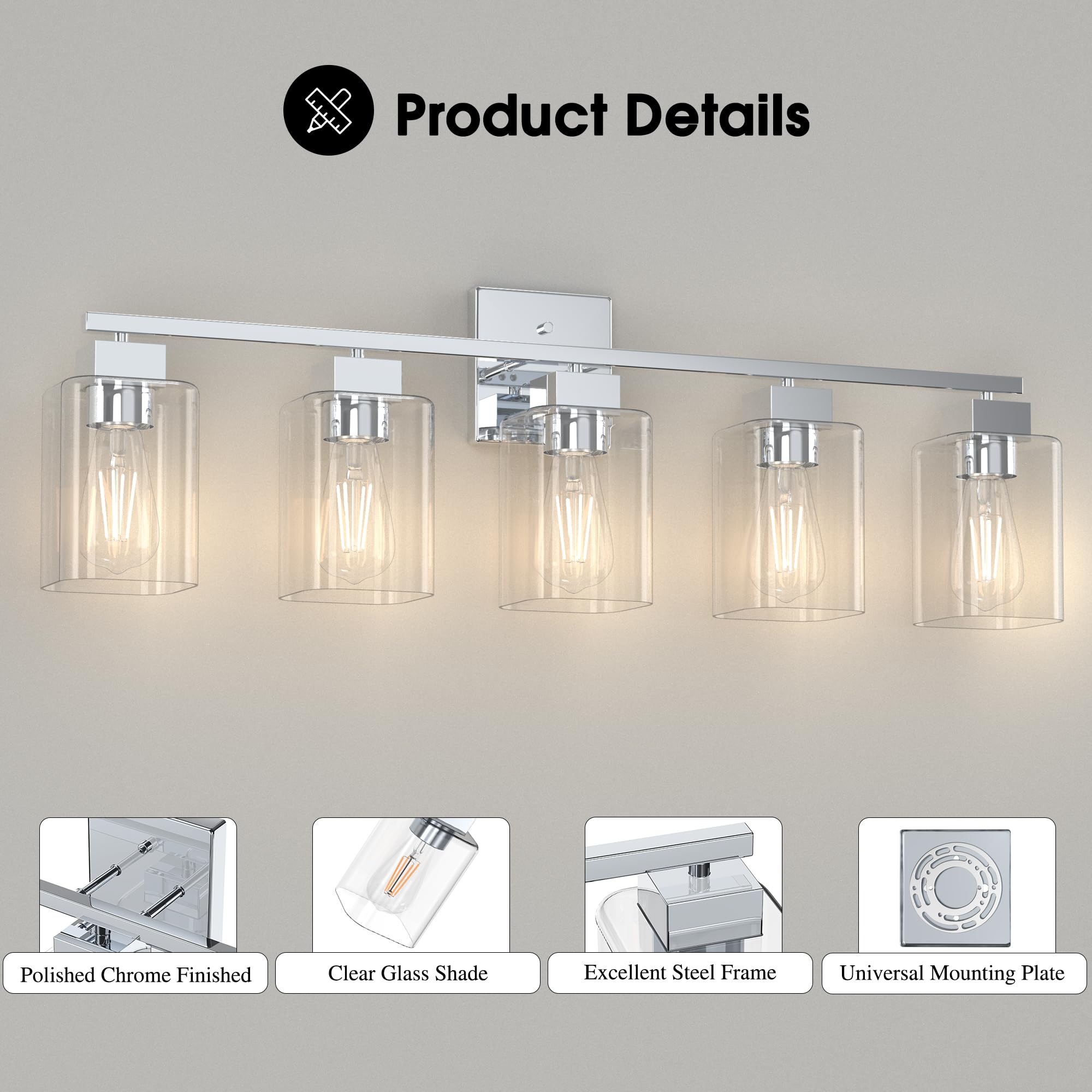 Espird 5 Light Bathroom Vanity Light - Chrome Bathroom Light Fixtures Square Design & Ul Certification, 31 Inch Bath Room Light