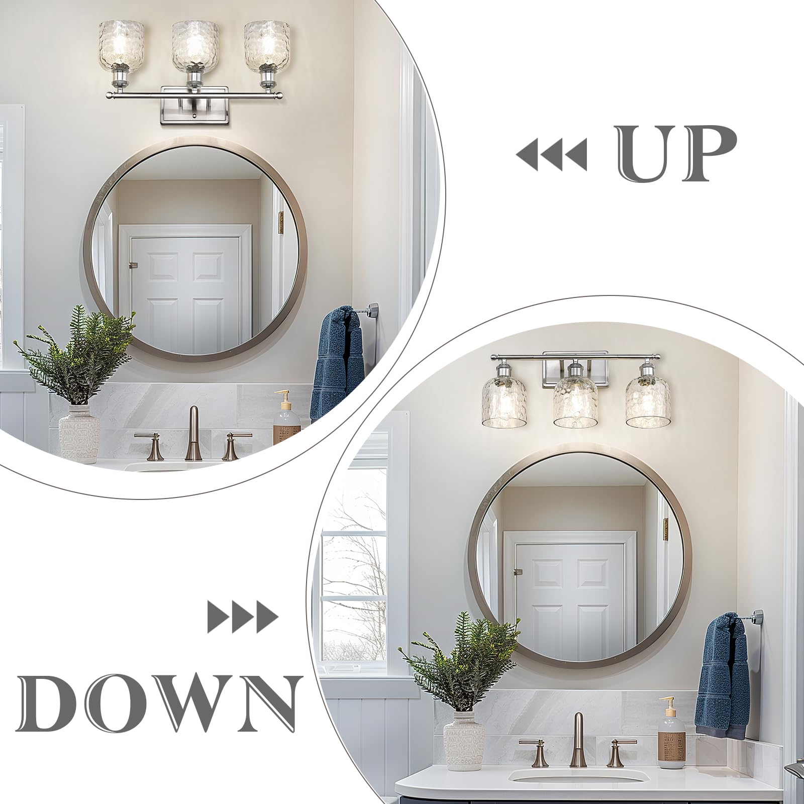 Zeyu 20.8'' Modern Bathroom Vanity Lamp, 3-Light Wall Mirror Light For Bathroom, Brushed Nickel Finish With Clear Hammered Glass