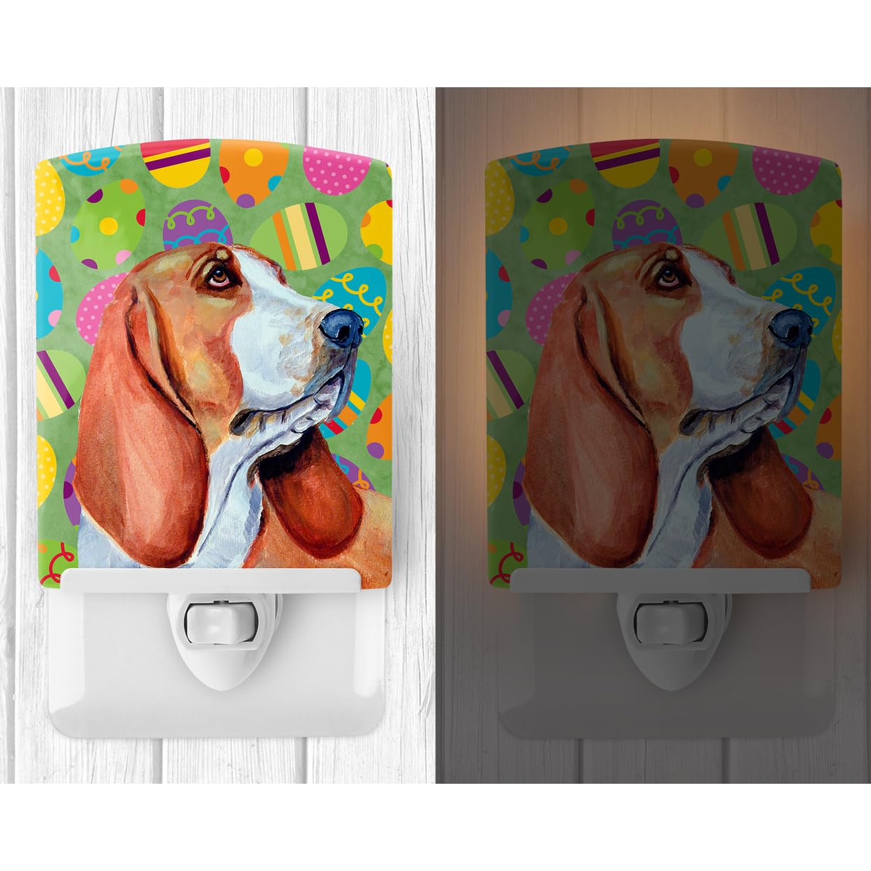 Caroline'S Treasures Lh9422Cnl Basset Hound Easter Eggtravaganza Ceramic Night Light Compact, Ul-Certified, Ideal For Bedroom, Bathroom, Nursery, Hallway, Kitchen, 6X4X3, Multicolor