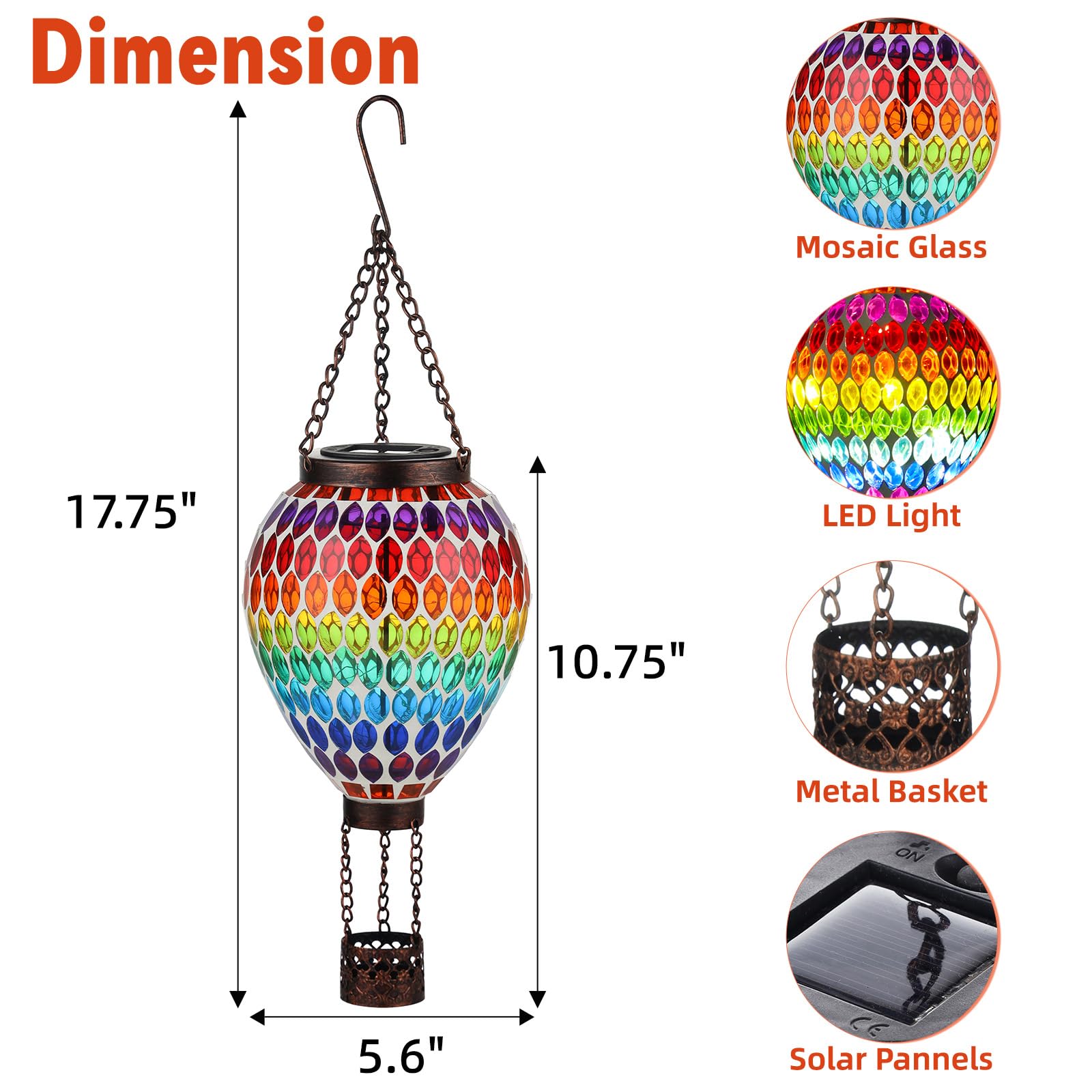 Voreen Hot Air Balloon Solar Lantern  Handmade Mosaic Solar Outdoor Hanging Wind Light  Waterproof  Patio Festive Decor  Gift For Mom Wife Friend  Rainbow Pattern