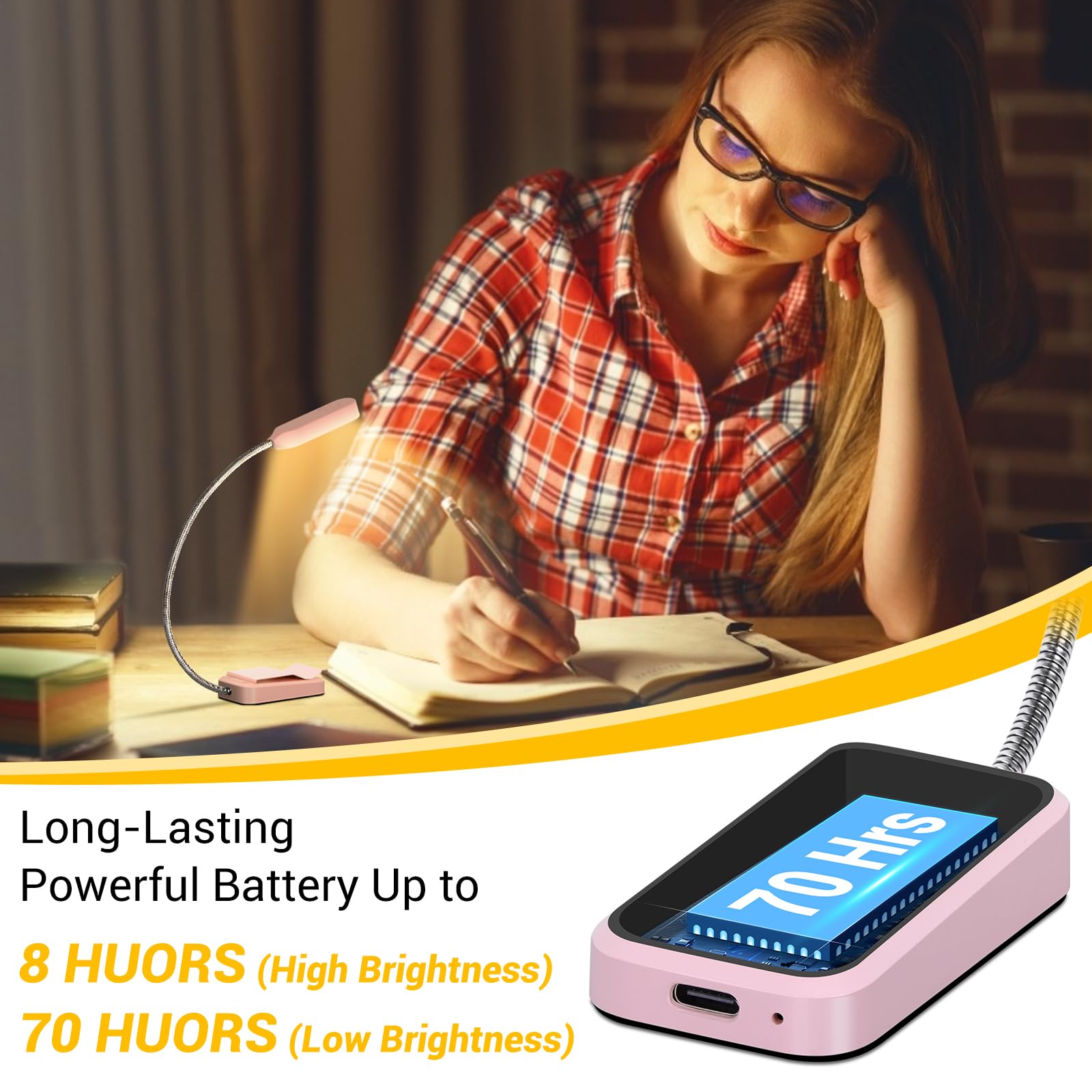 Best World LED Book Light 2 Pack - Rechargeable, Eye-Caring, 3 Colors, Flexible Clip-on LED Night Light, Lightweight - Pink, Model WLM310-BLA-1W-