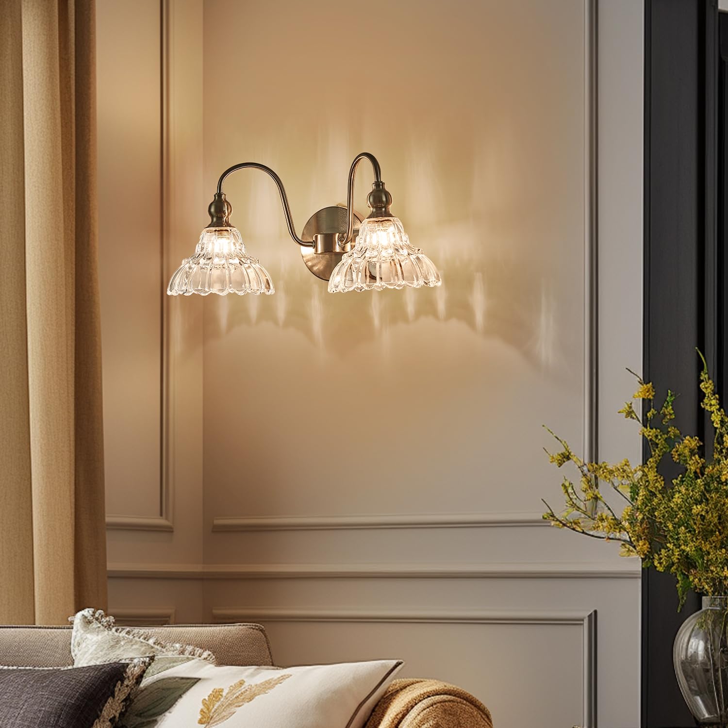 TLOLGT 2-Light Bathroom Vanity Light Fixtures, Brushed Nickel, Glass, Model SN66-2, Modern Vintage Wall Sconces for Home Decor