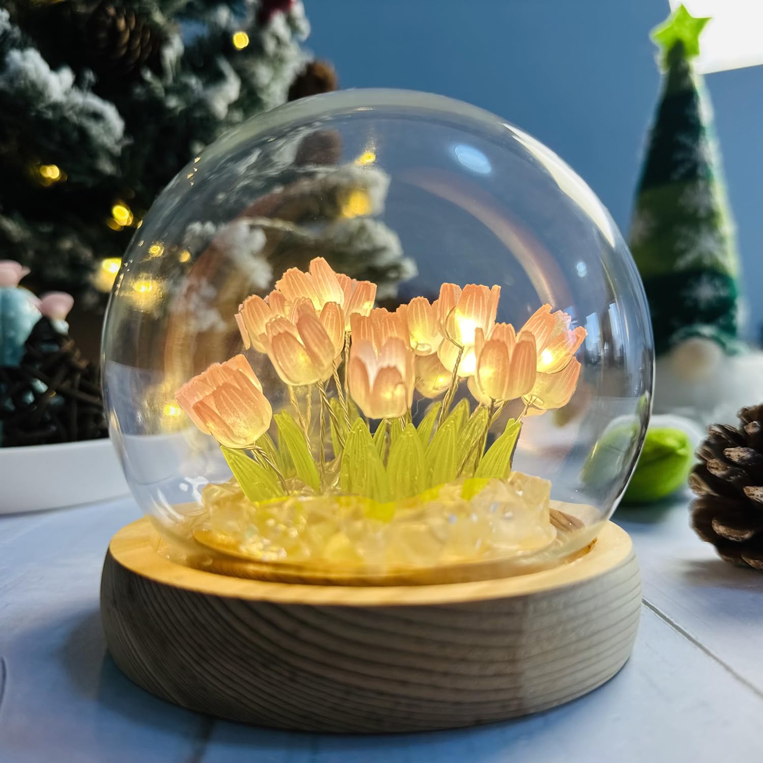 (20 Flower) Birthday Gifts For Mom, Assembled Tulip Lamp Night Light With Glass Dome,Handmade Artificial Flower Table Lamp Bedro