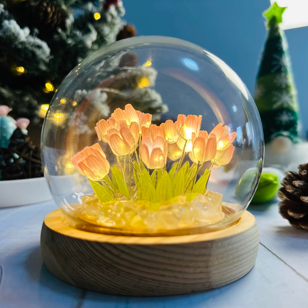 (20 Flower) Birthday Gifts For Mom, Assembled Tulip Lamp Night Light With Glass Dome,Handmade Artificial Flower Table Lamp Bedro