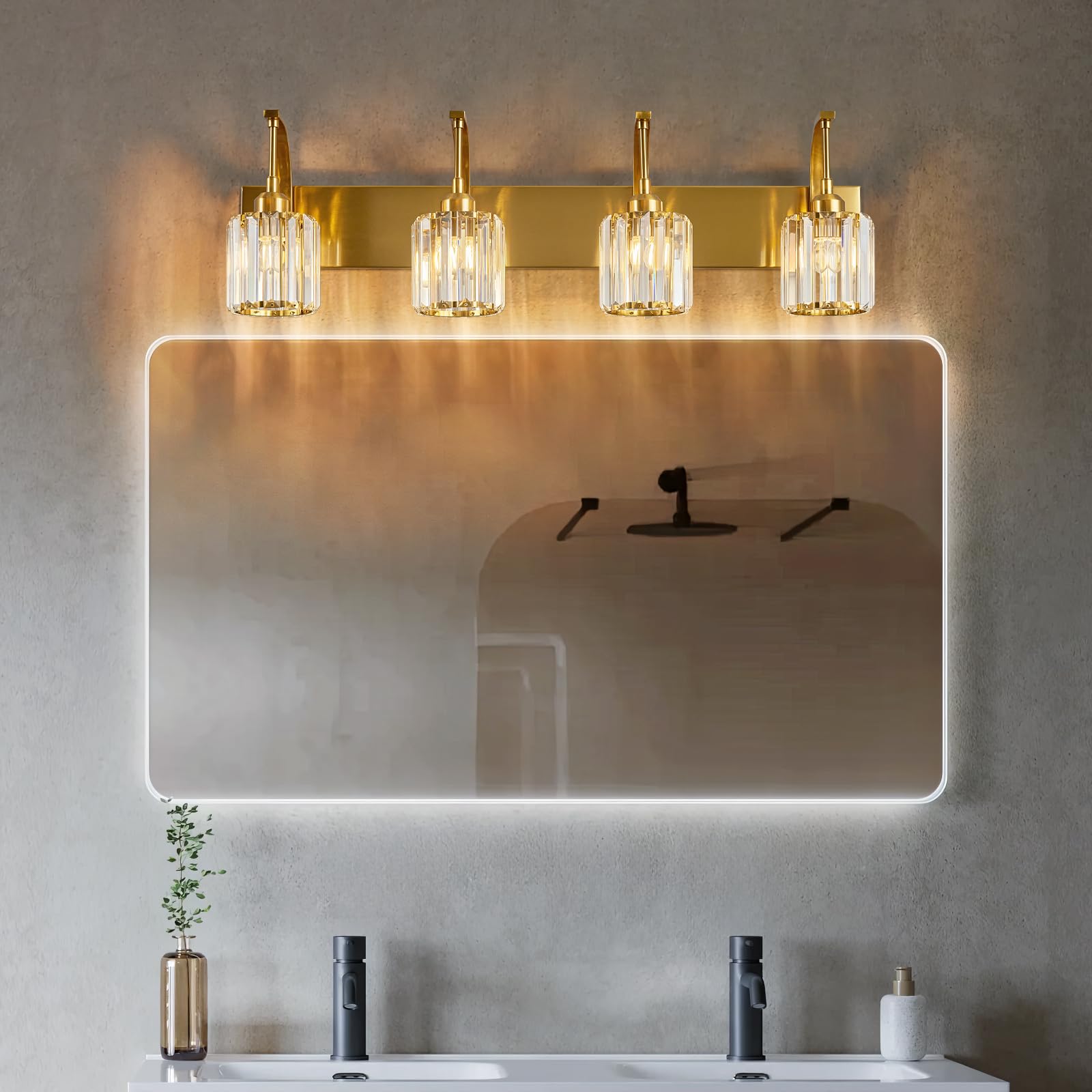 Fdpby 4-Light Crystal Vanity Light  Modern Gold Bathroom Wall Sconce With K9 Crystal Shades  32.67 Long Over Mirror Lighting For Vanity  Makeup  Hallway  Elegant & Easy Install