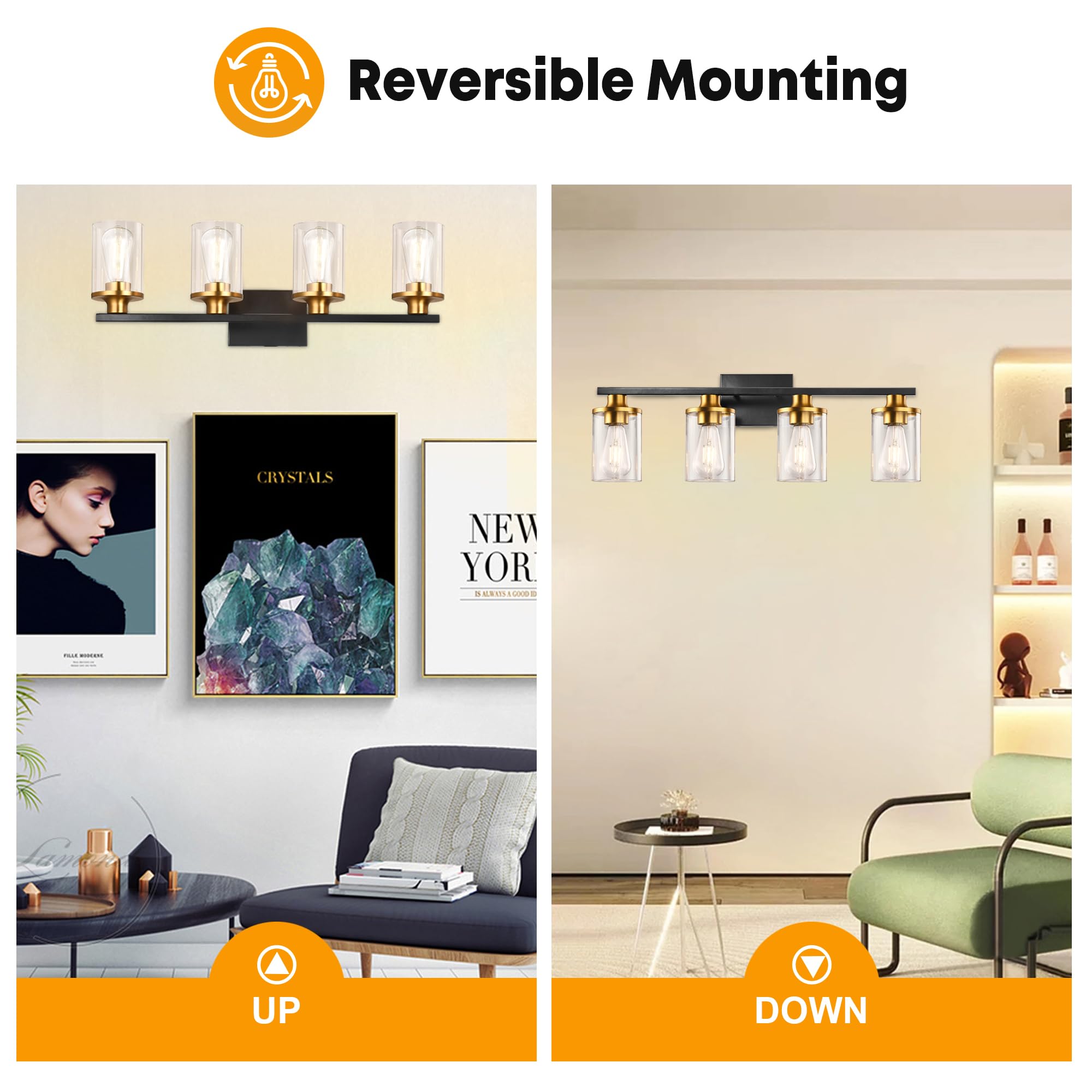 Grower 4 Lights Bathroom Light Fixtures, Black And Gold Bathroom Vanity Lights Over Mirror, Wall Sconces With Clear Glass Shade, Brushed Nickel Vanity Light Fixture For Bedroom Hallway Porch
