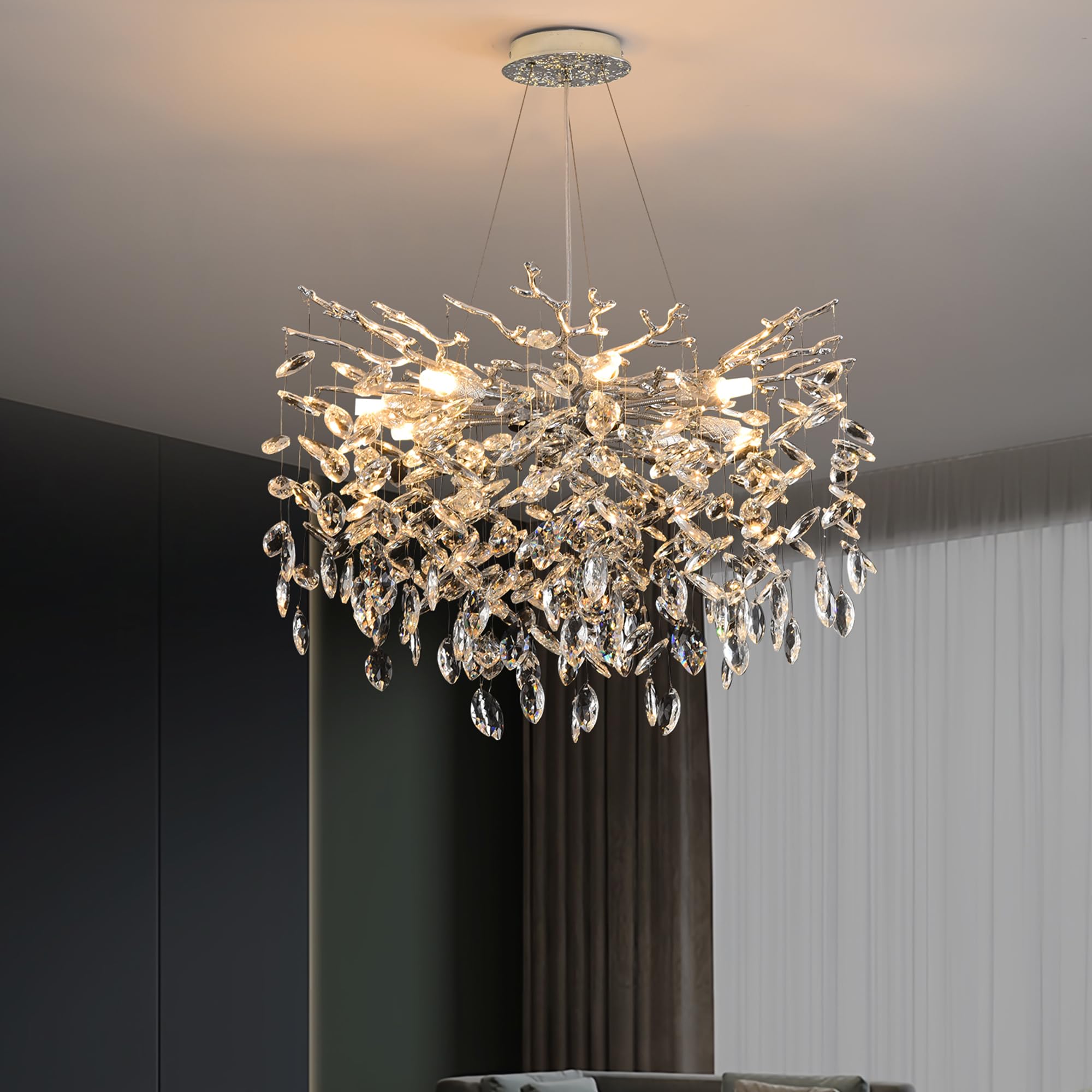 Upfelw Tree Branch Chandelier Modern Crystal Pendant Light  Elegant Chrome Art Deco Raindrop Lighting Fixture for Dining Room Bedroom Living Room 6 Lights D18