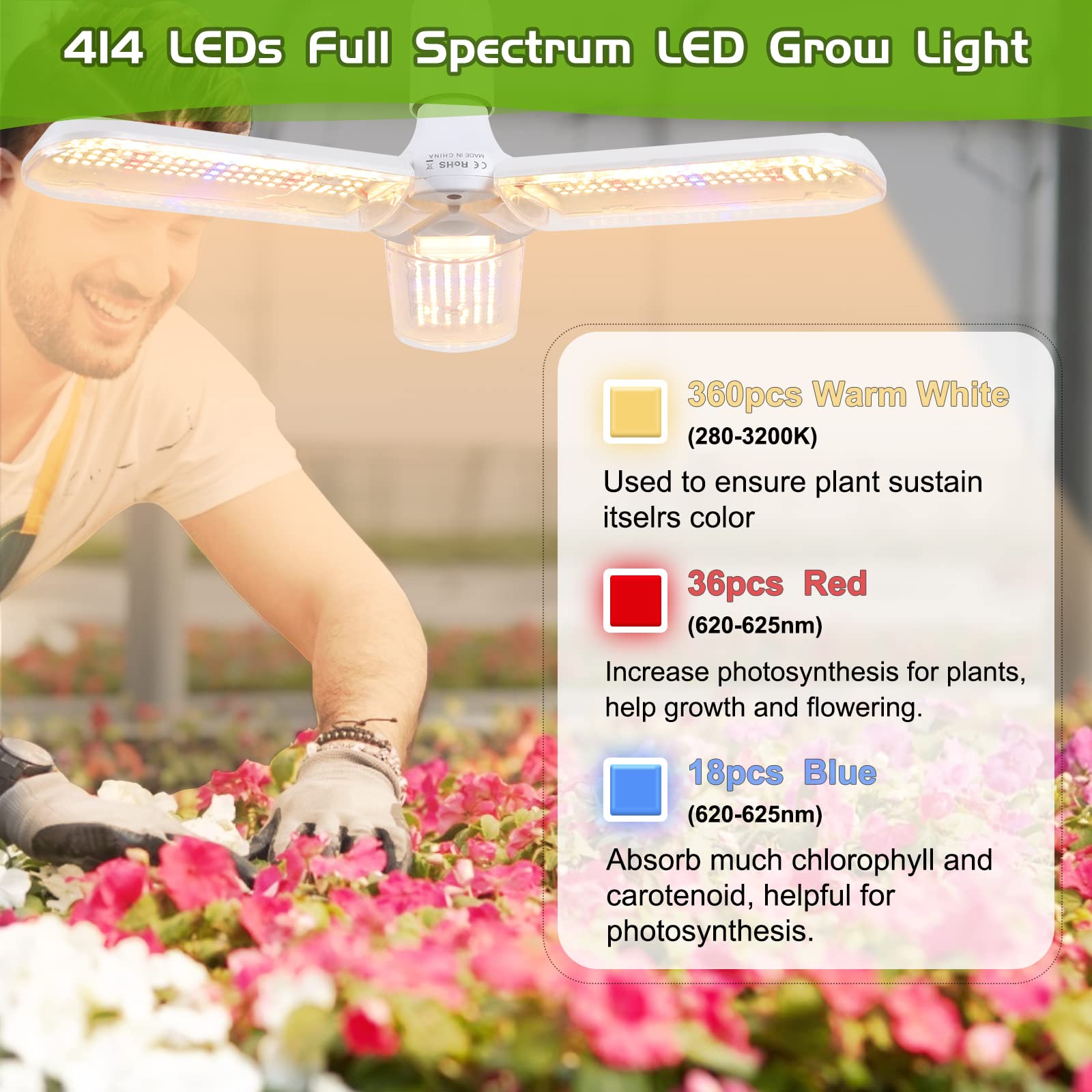 150W Led Grow Light Bulb - Full Spectrum Plant Growing Lamp For Indoor Plants 414 Leds Light Bulbs E27 Base With Waterproof Foldable Three-Leaf Lamp Body For Hydroponics Garden Greenhouse Houseplants