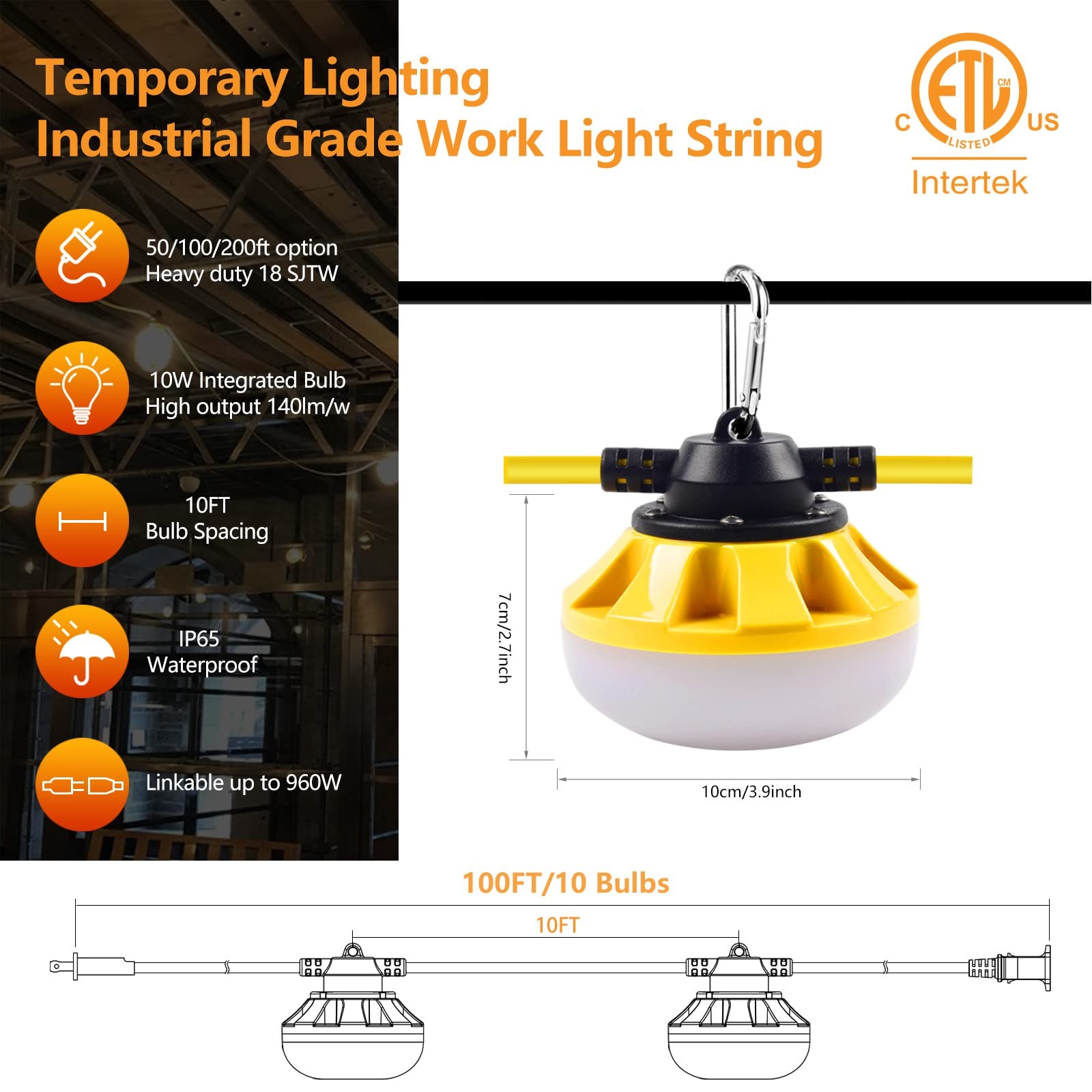 Muasdae 100FT LED Construction String Lights, Yellow, Industrial Grade, Model CSL-716-A, Ideal for Outdoor Lighting Solutions