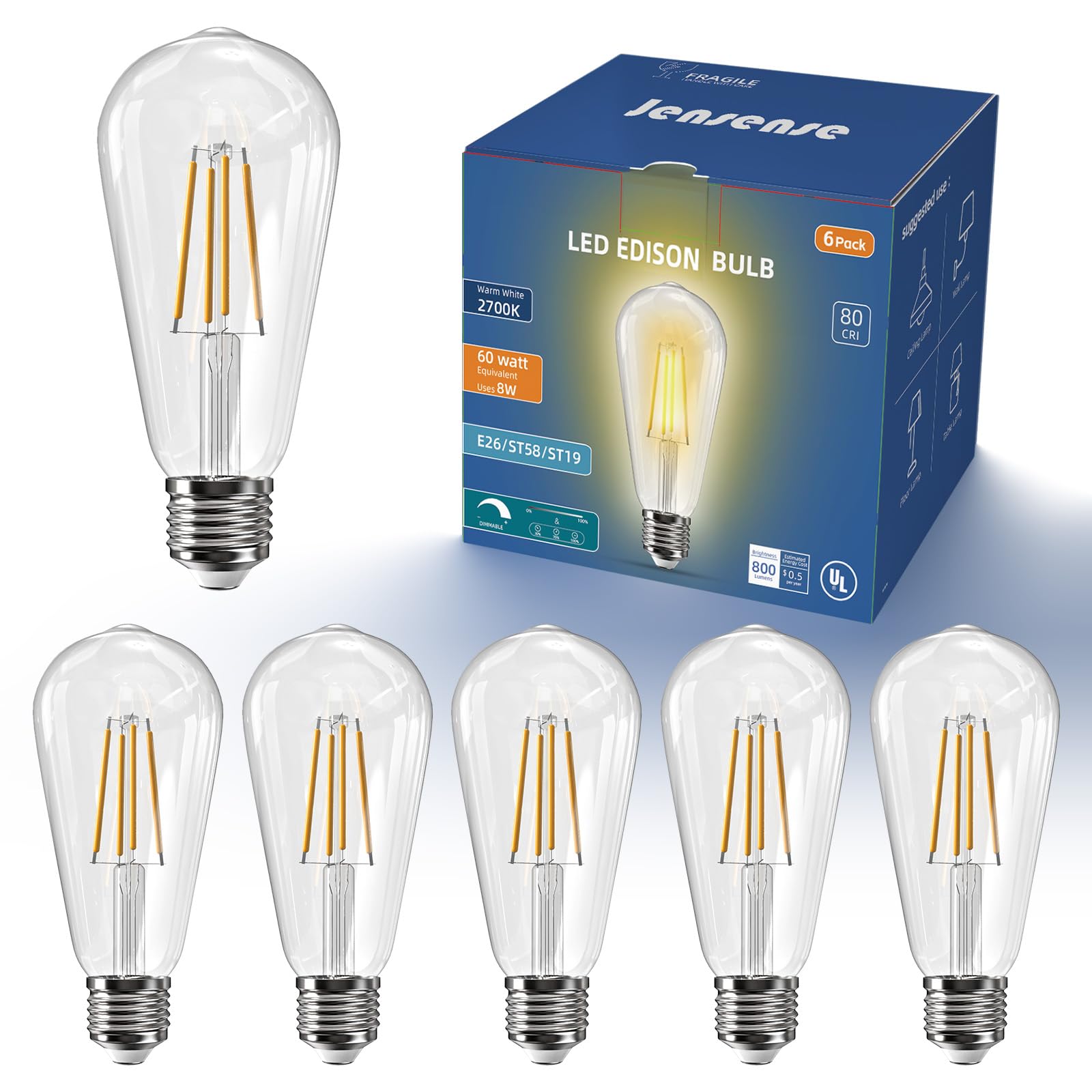 Jensense Edison LED Light Bulbs 8W Dimmable 2700K Warm White E26 60W Equivalent 800lm Clear Glass 6 Pack