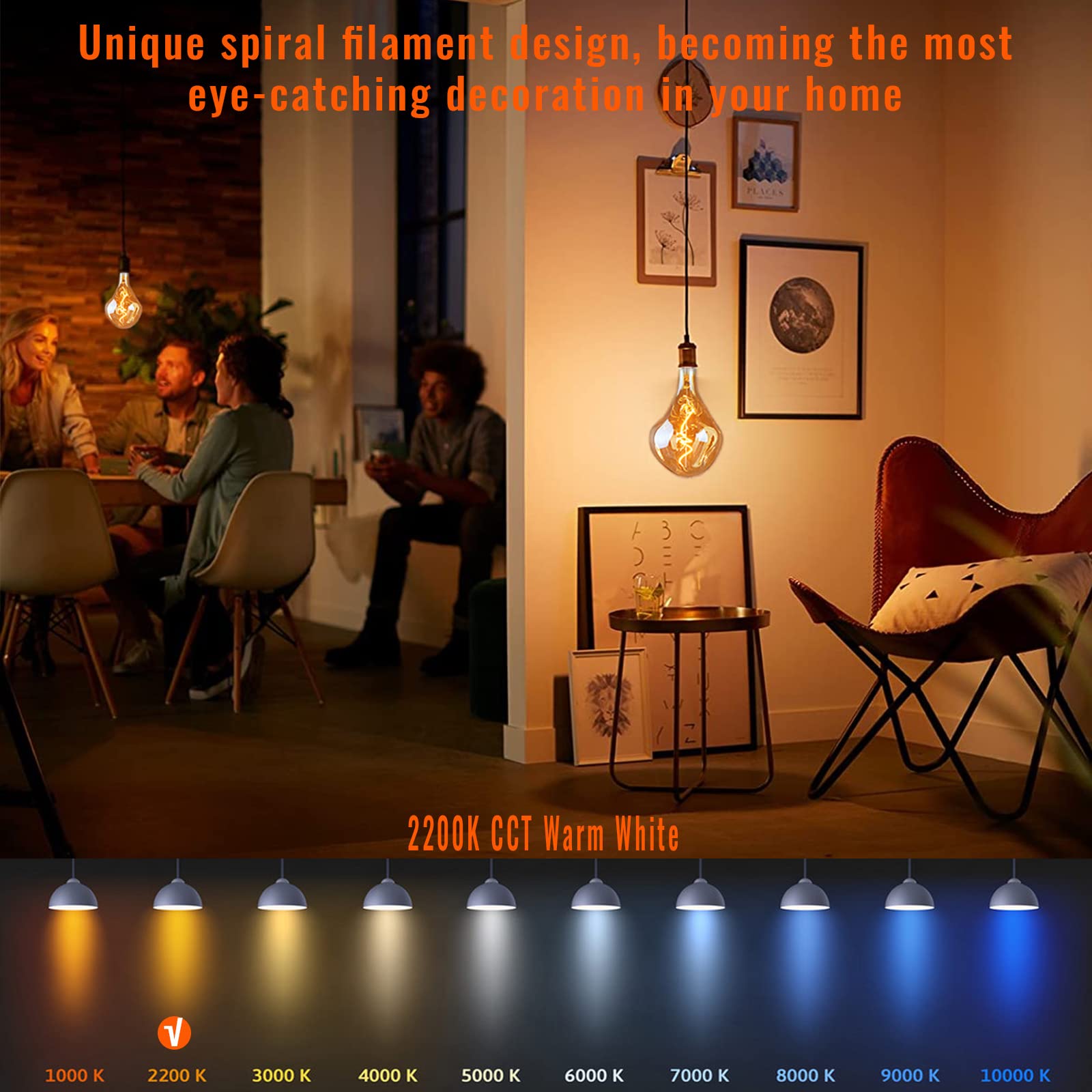 Omed Led Large Edison Bulb Oversized 2 Pack, E26 2200K Warm White Dimmable Vintage Giant Light Bulb, 5 Watt 400Lm Extra Big Ambe
