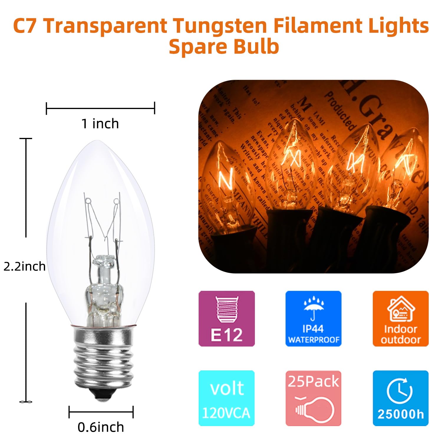 25 Pack C7 Clear Replacement Bulbs Waterproof Ul Certified 5W Incandescent For Indoor/Outdoor Use And Christmas Tree String Lights