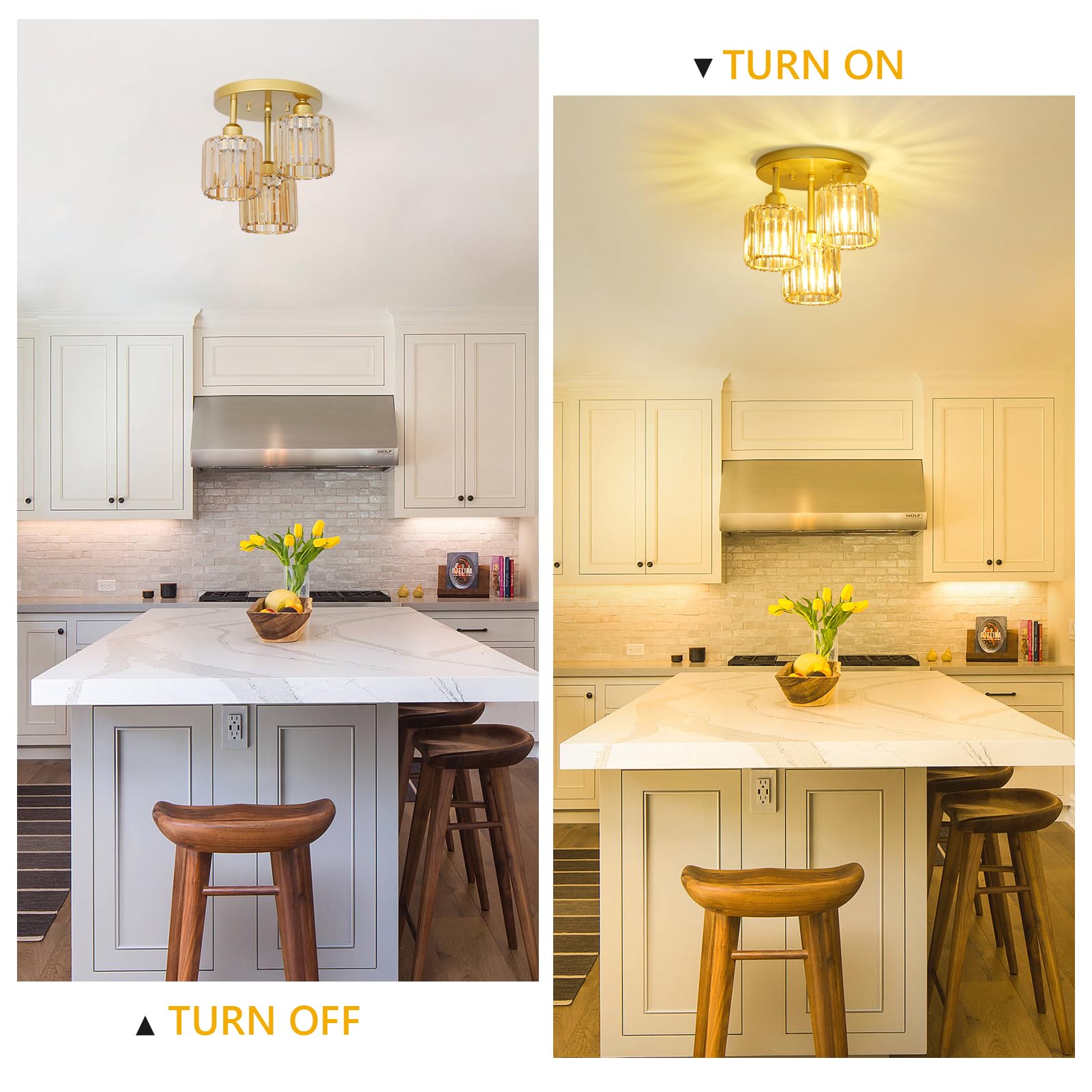 PAUFUL Semi Flush Mount Ceiling Light, 3-Light Crystal Fixture, Amber Glass Shades, Model 250617B1