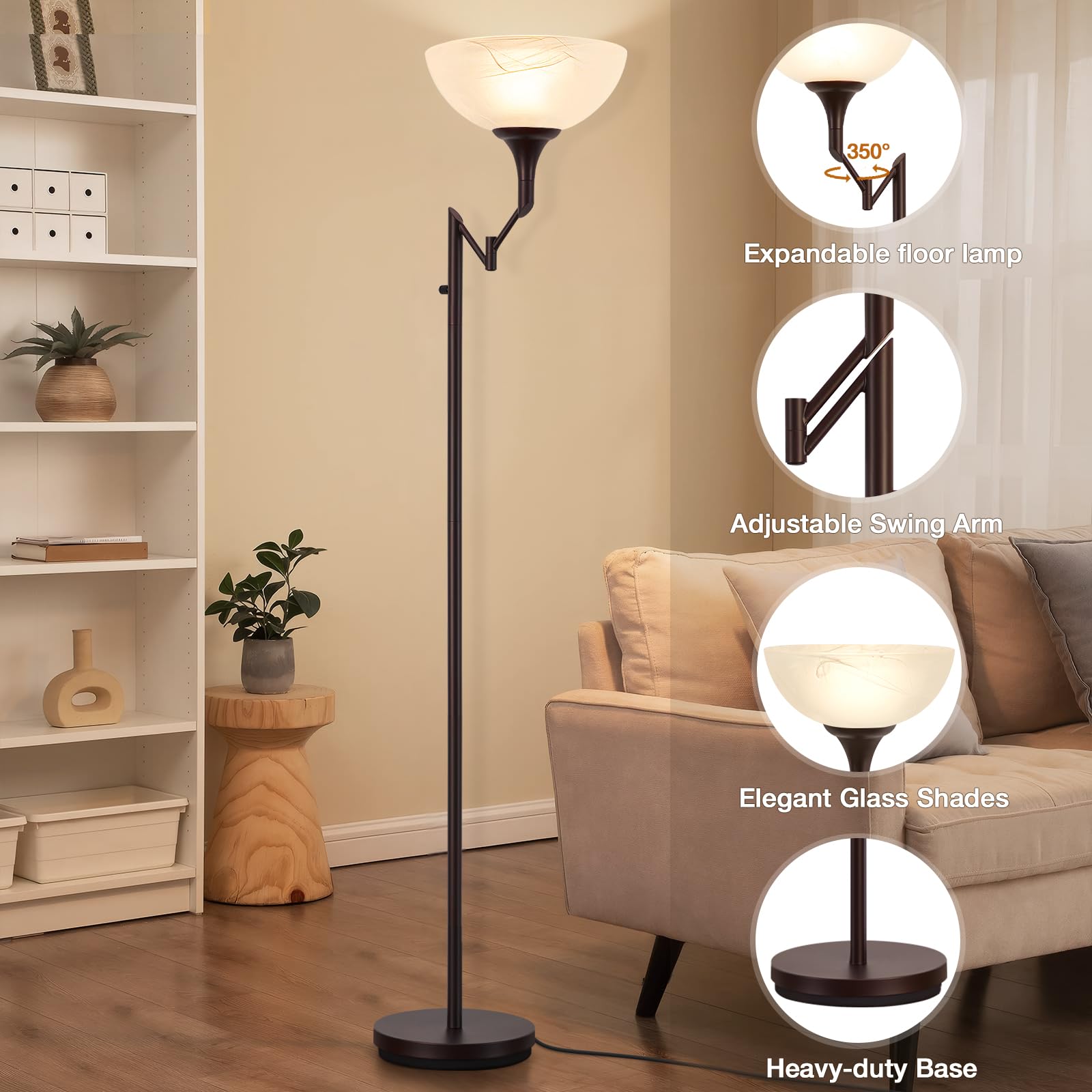 EJIAXIN 70" Bronze Floor Lamp with Glass Shade, Adjustable Swing Arm, Vintage Design for Living Room, Bedroom, Office - Bulbs Included